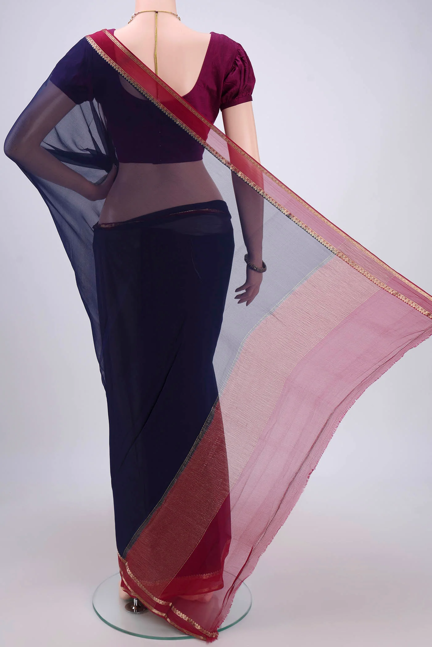 Navy Blue Mysore Chiffon Saree - Image 3