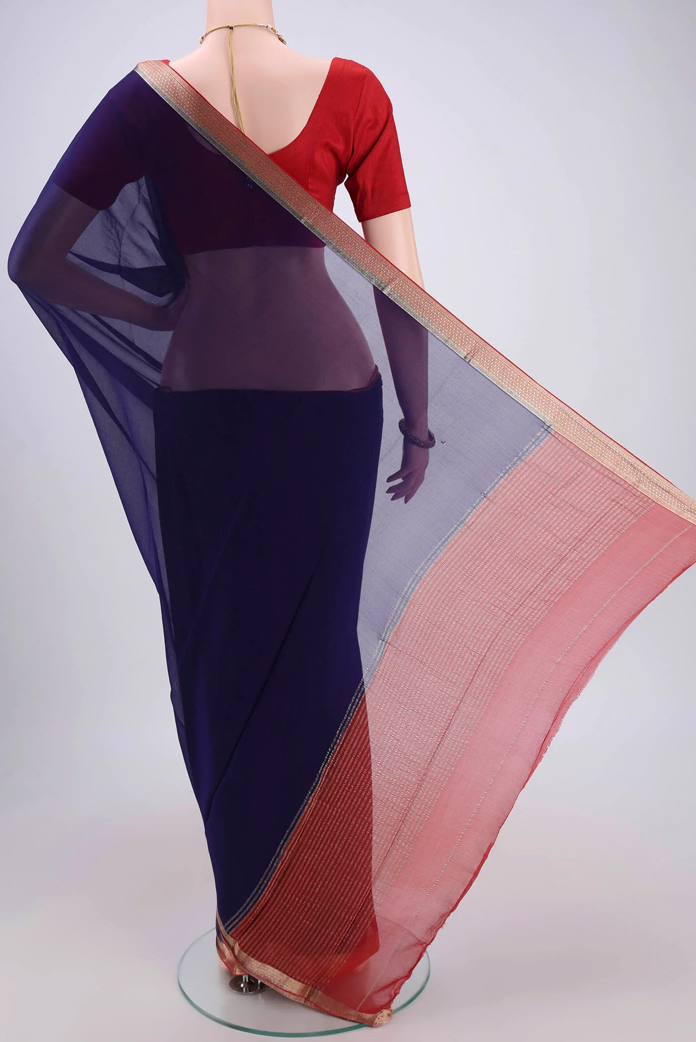 Navy Blue Mysore Chiffon Saree - Image 3