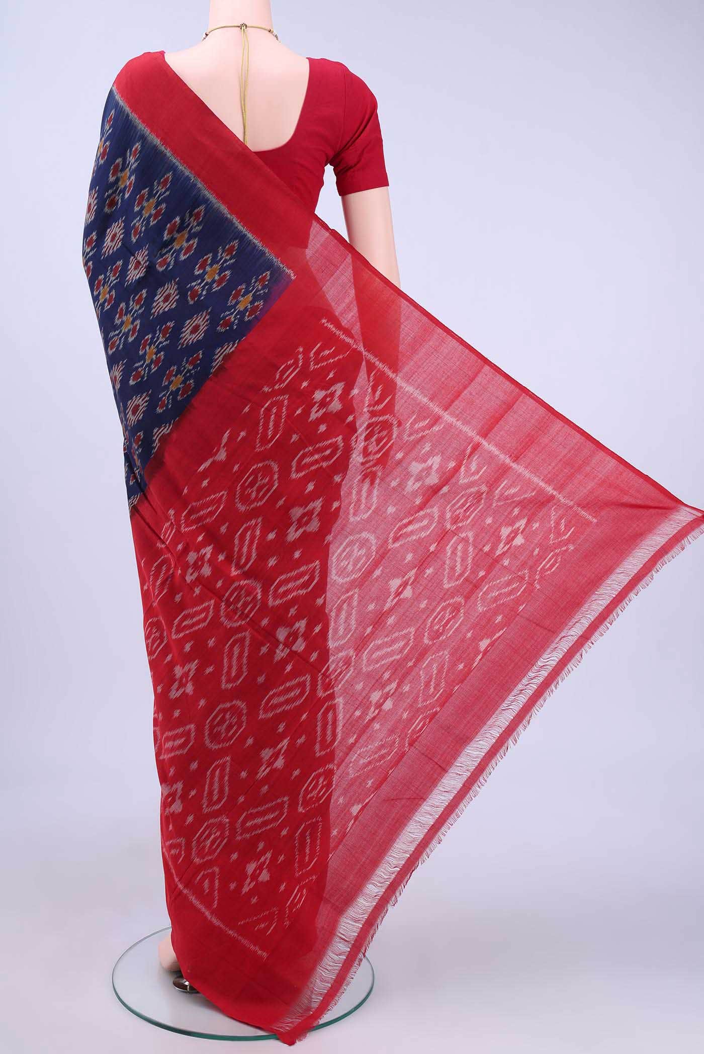 Navy Blue Pochampally Cotton Saree - Image 2