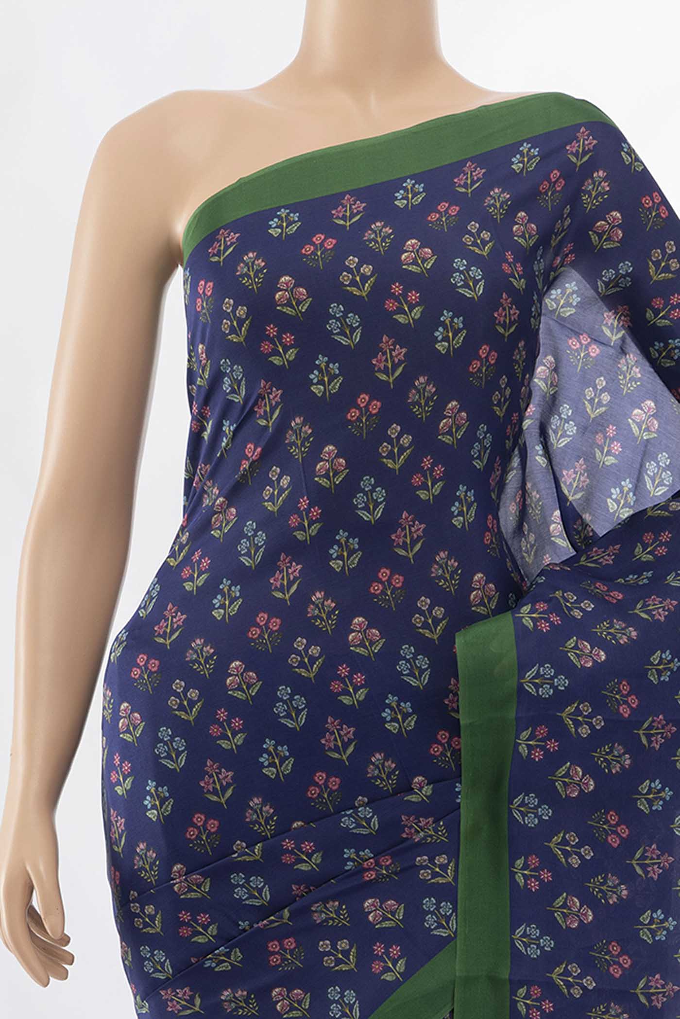 Navy Blue Printed Silk Saree - Image 2