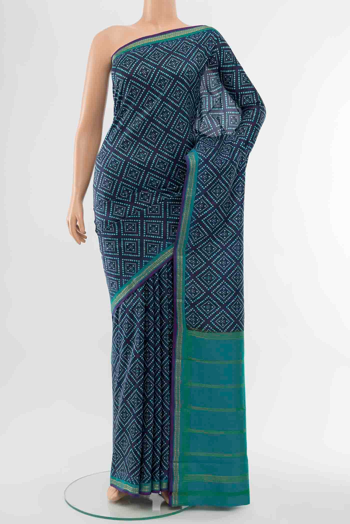 Navy Blue Printed Silk Saree