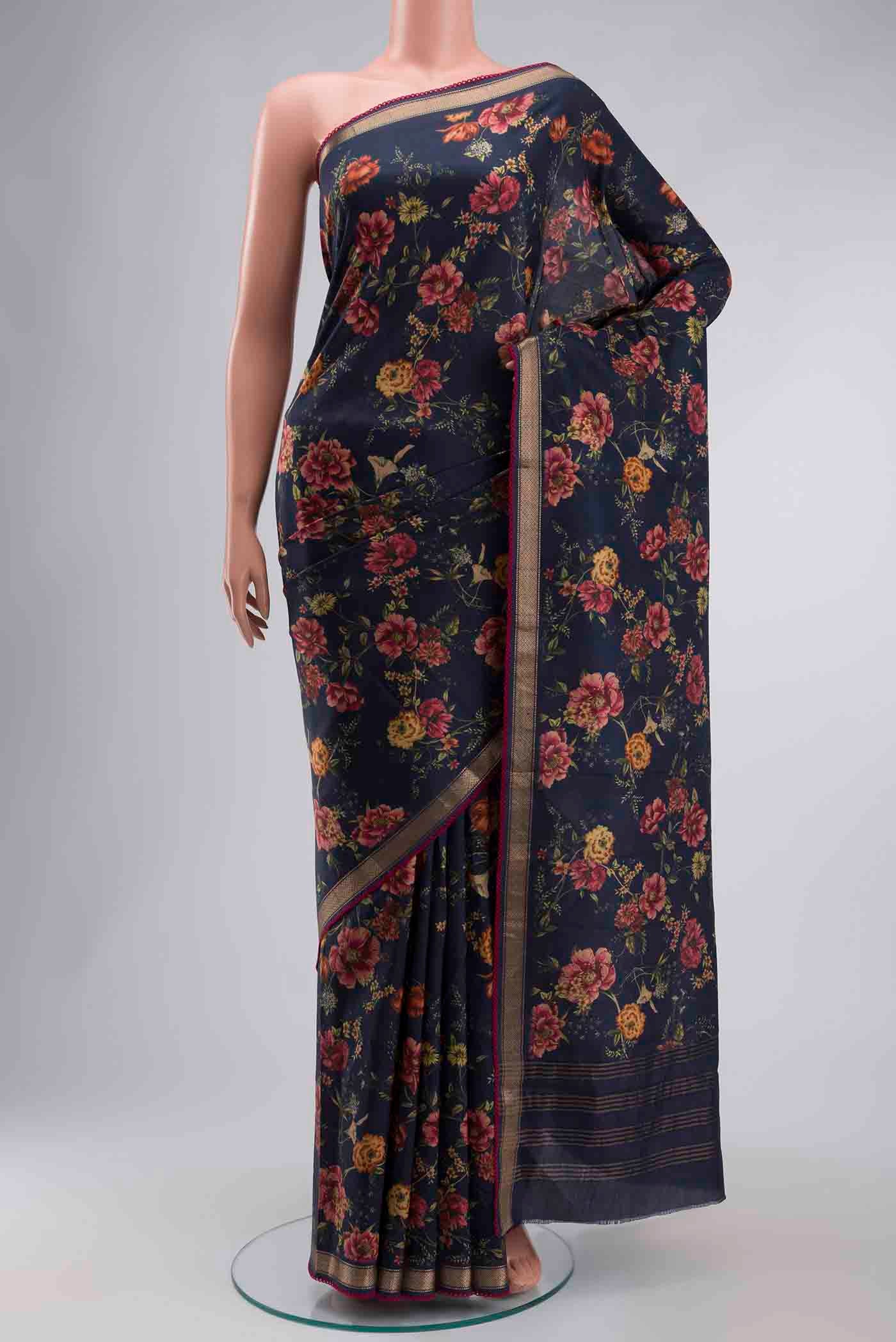 Navy Blue Printed Silk Saree