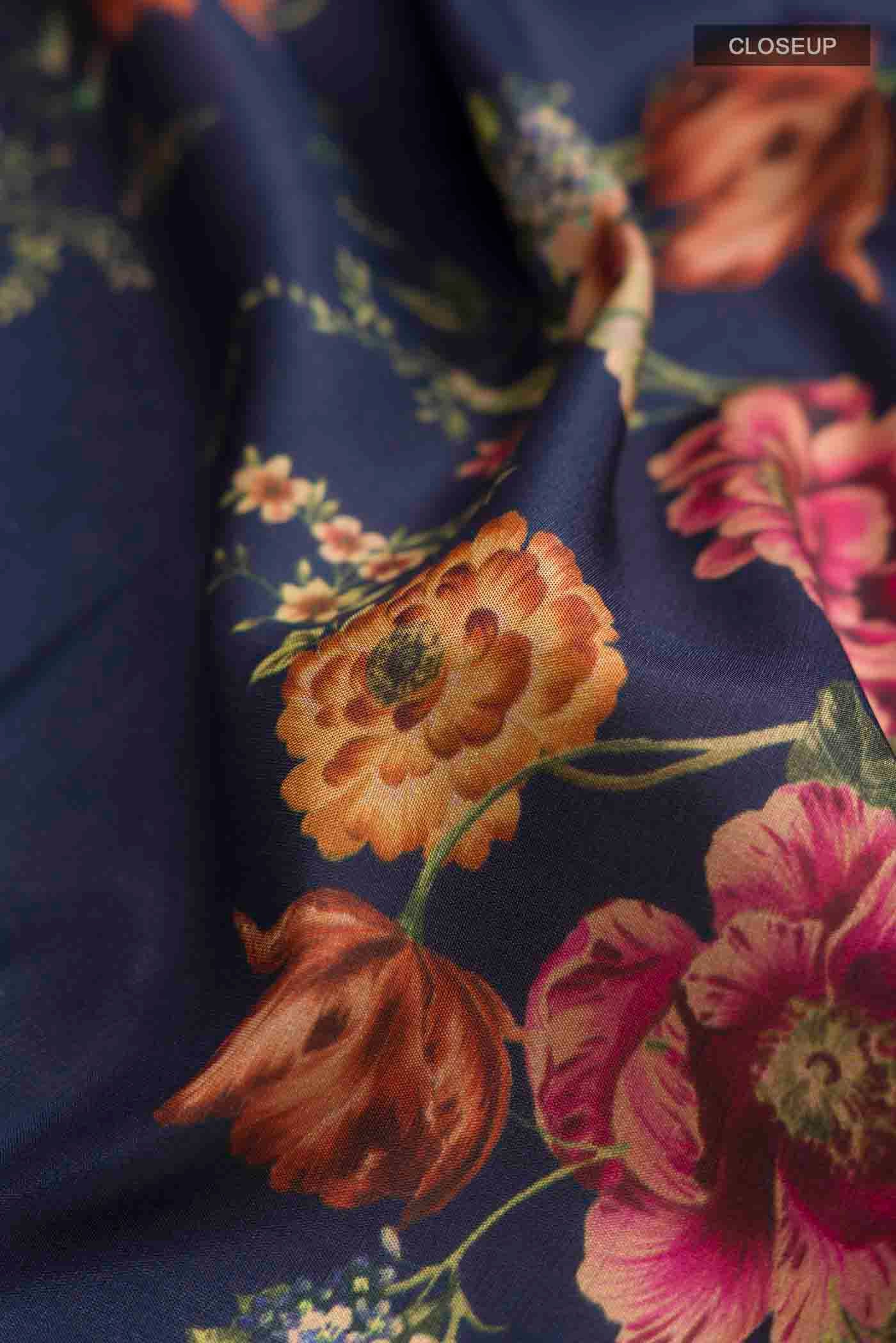 Navy Blue Printed Silk Saree - Image 2