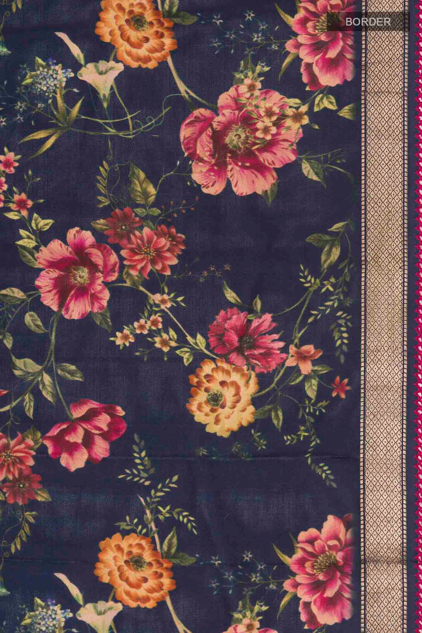 Navy Blue Printed Silk Saree - Image 3