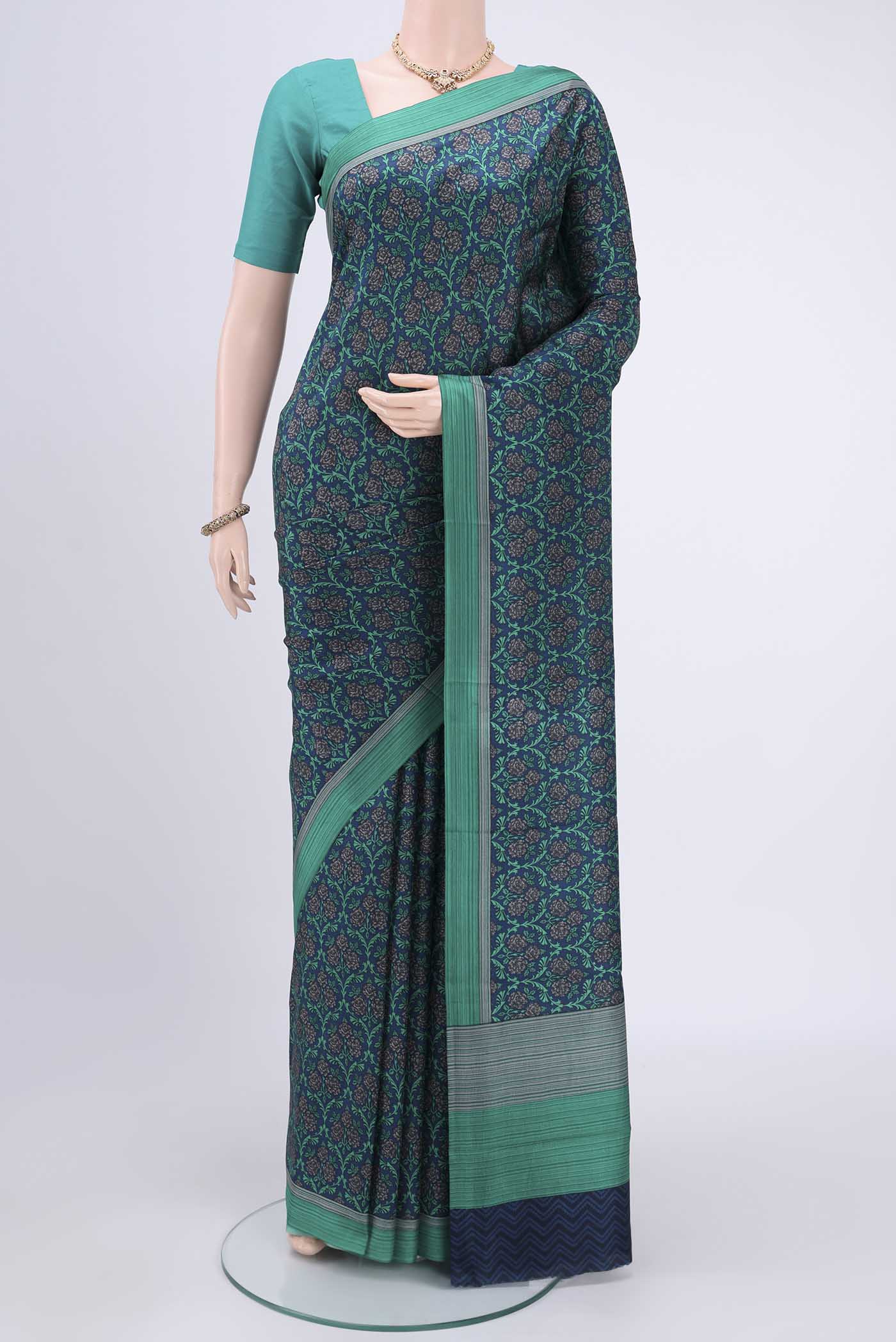 Navy Blue Printed Silk Saree