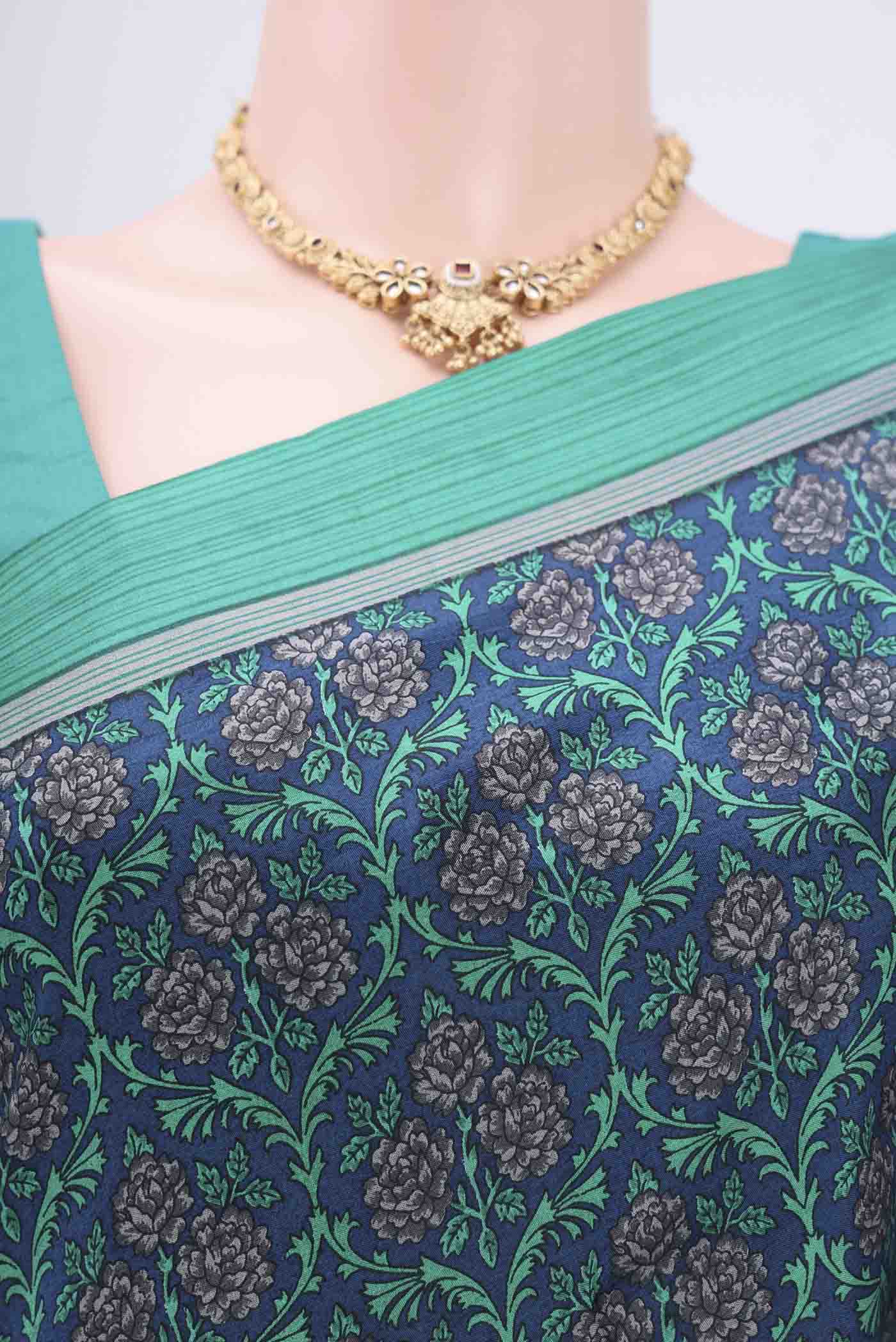 Navy Blue Printed Silk Saree - Image 2