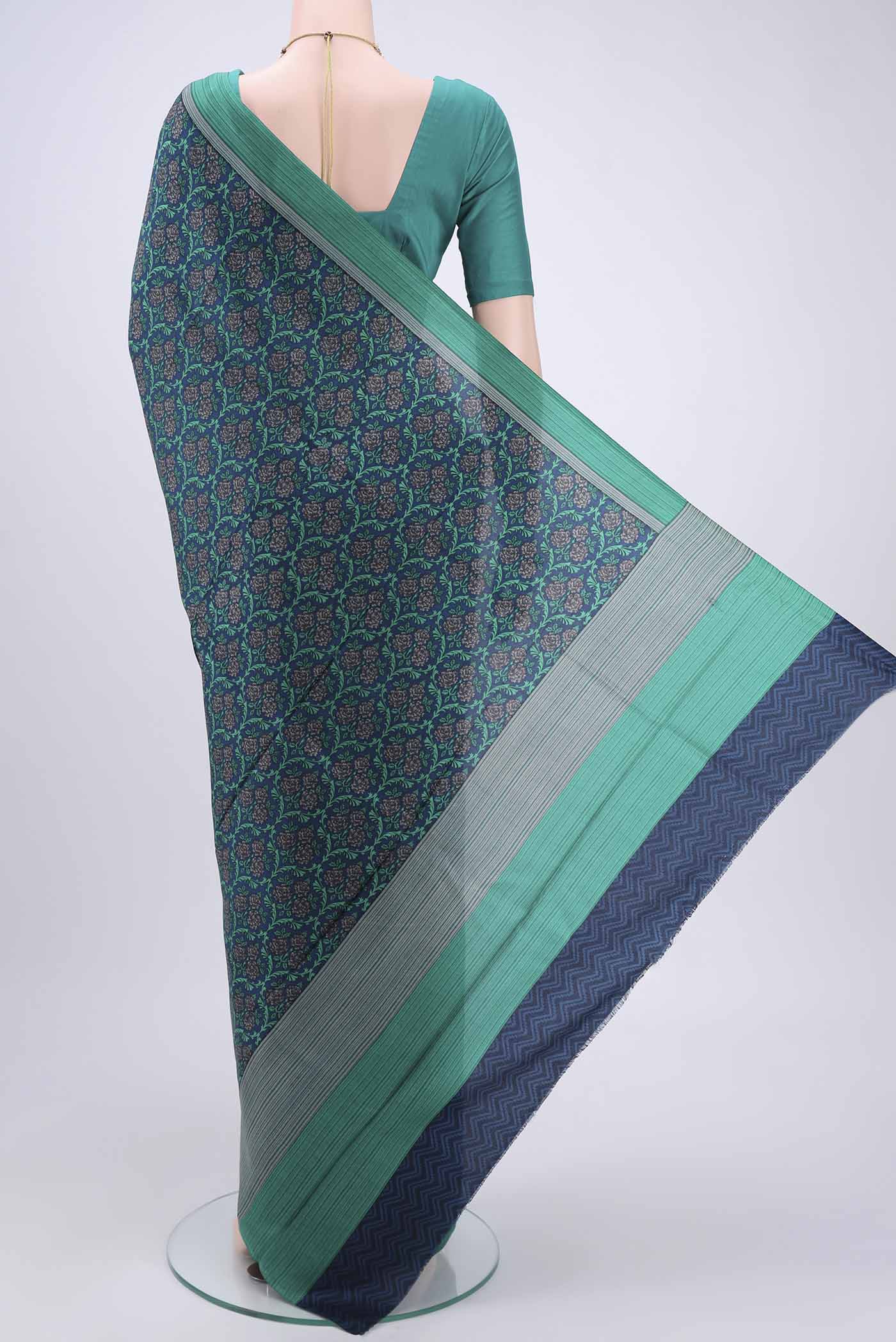 Navy Blue Printed Silk Saree - Image 3