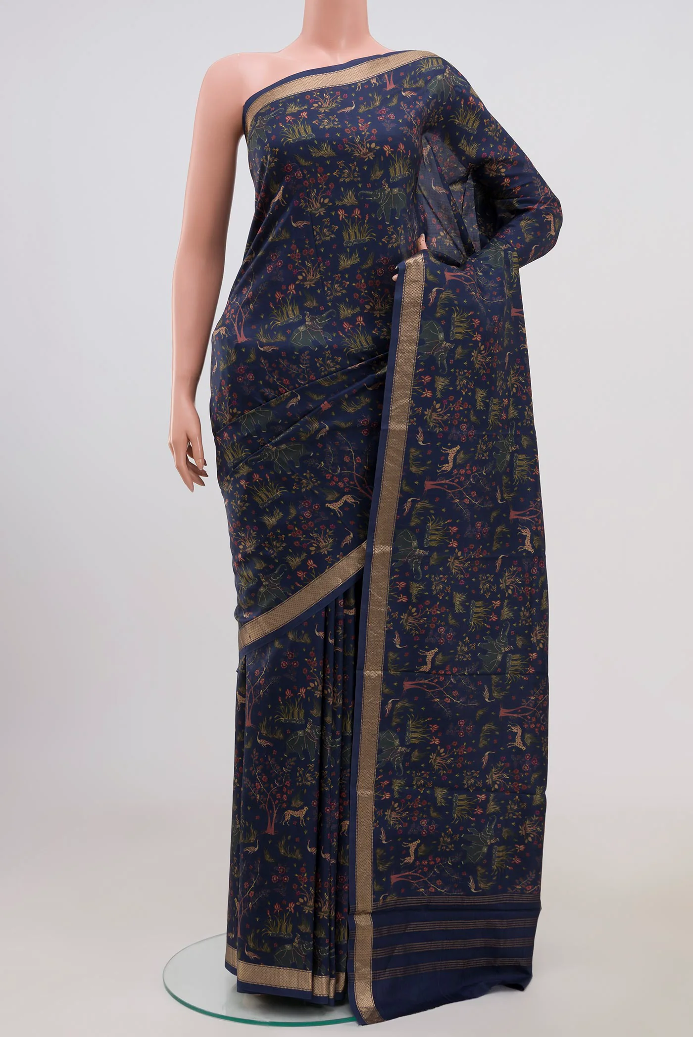 Navy Blue Printed Silk Saree