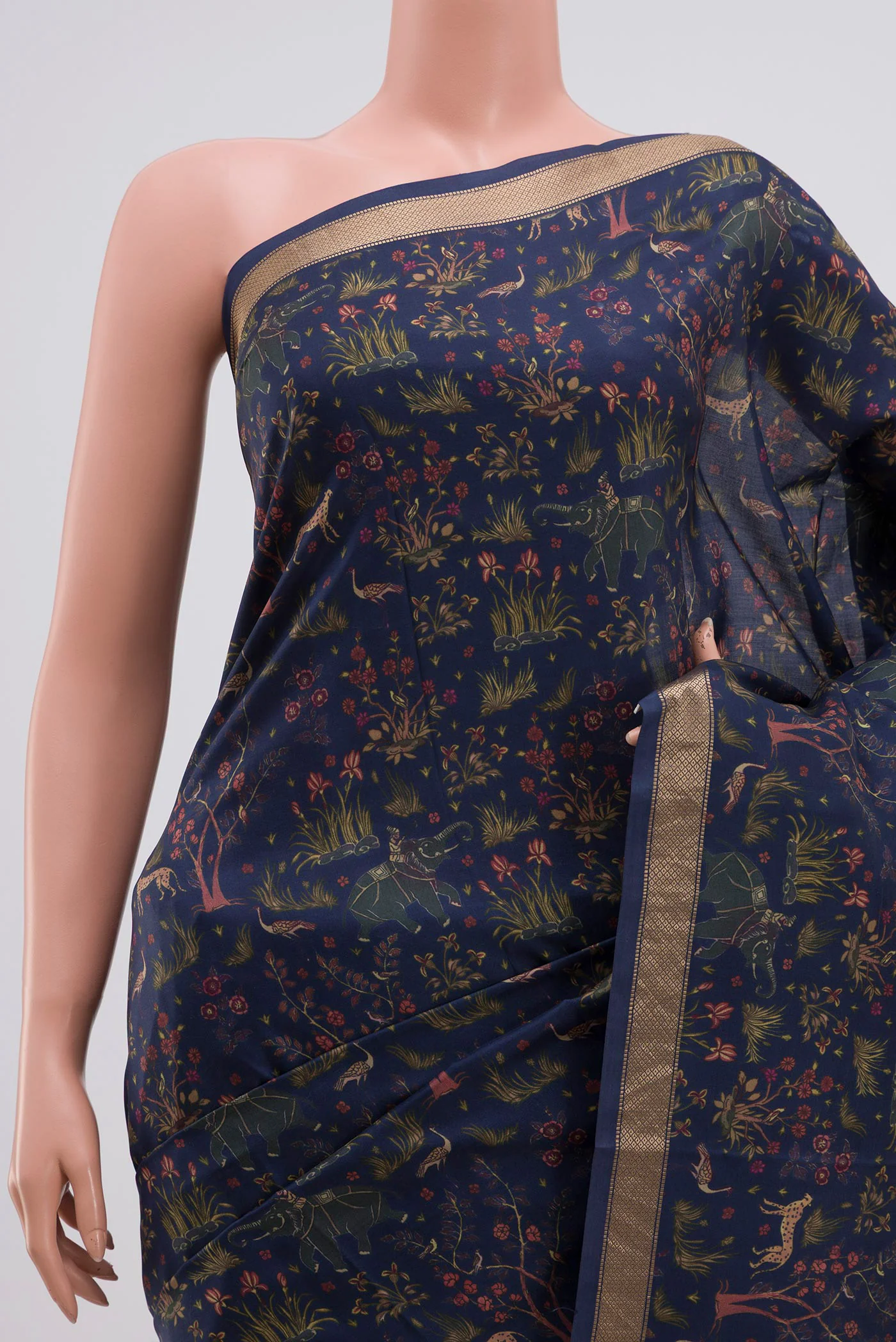 Navy Blue Printed Silk Saree - Image 2