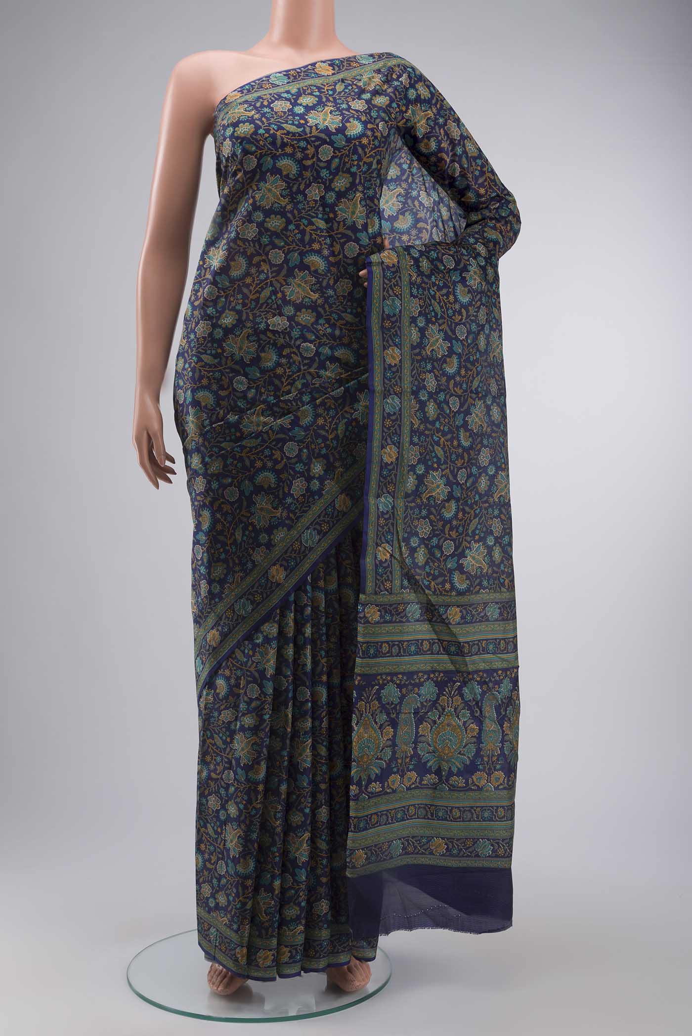 Navy Blue Printed Silk Saree