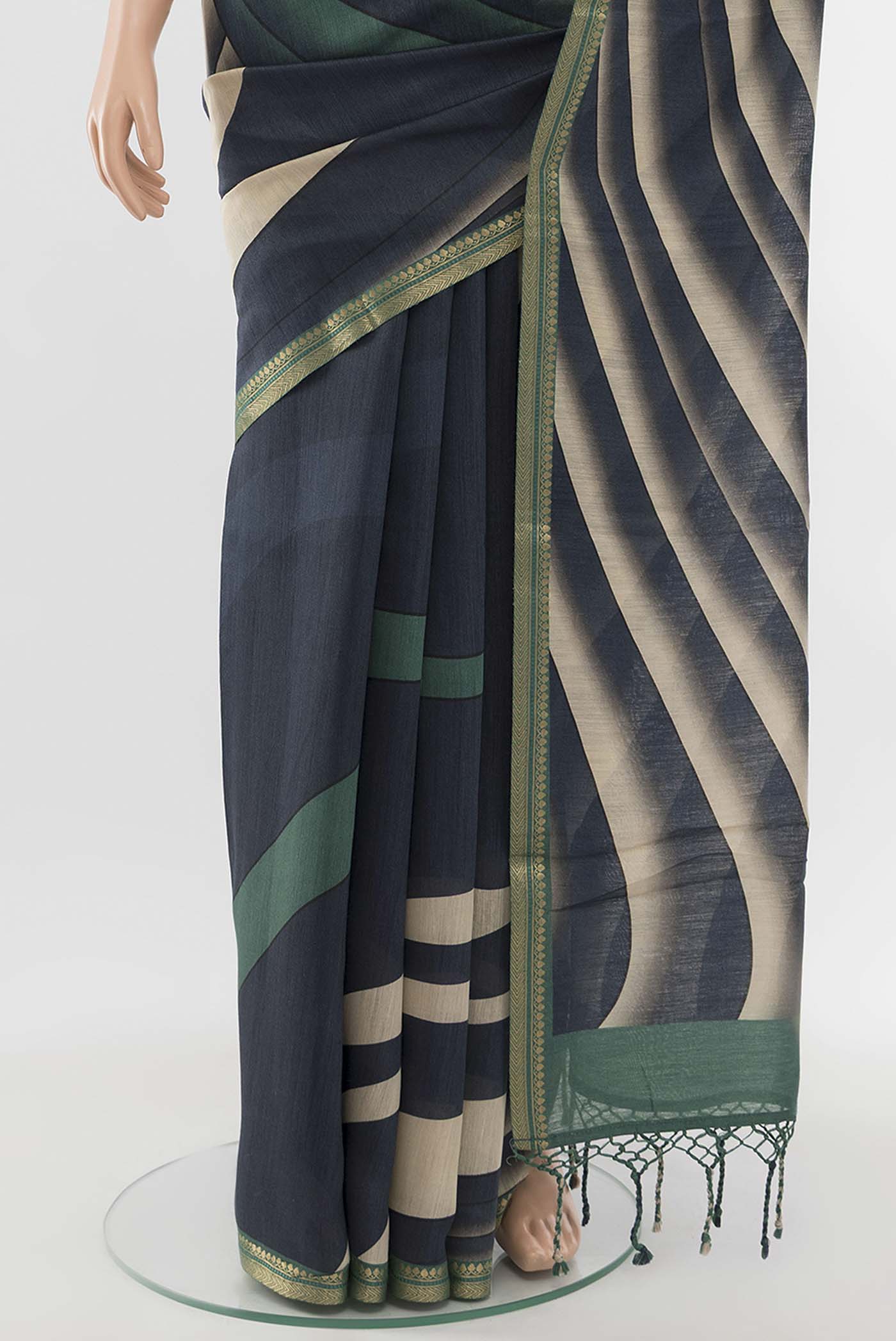 Navy Blue Tussar Silk Saree - Image 3