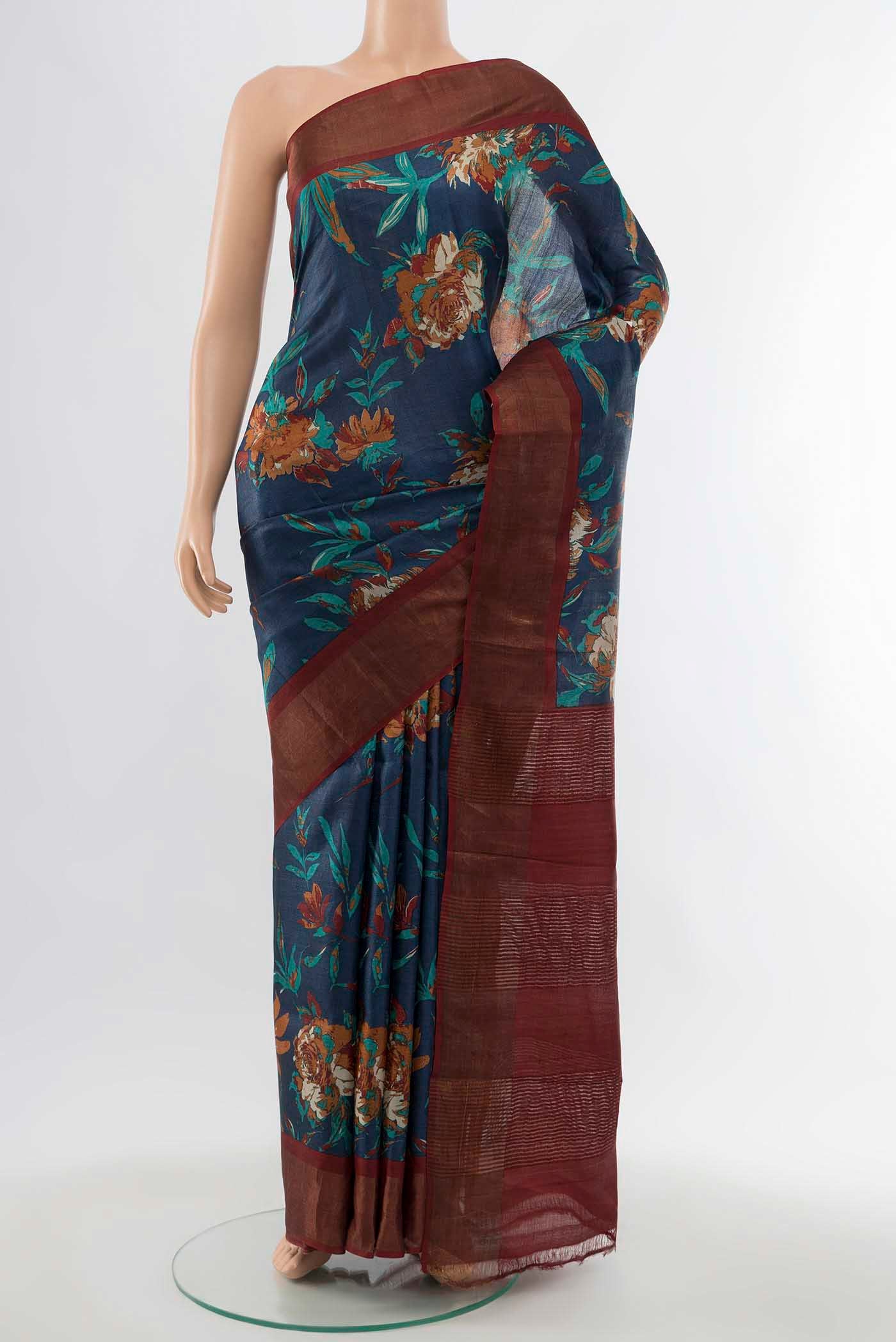 Navy Blue Tussar Silk Saree