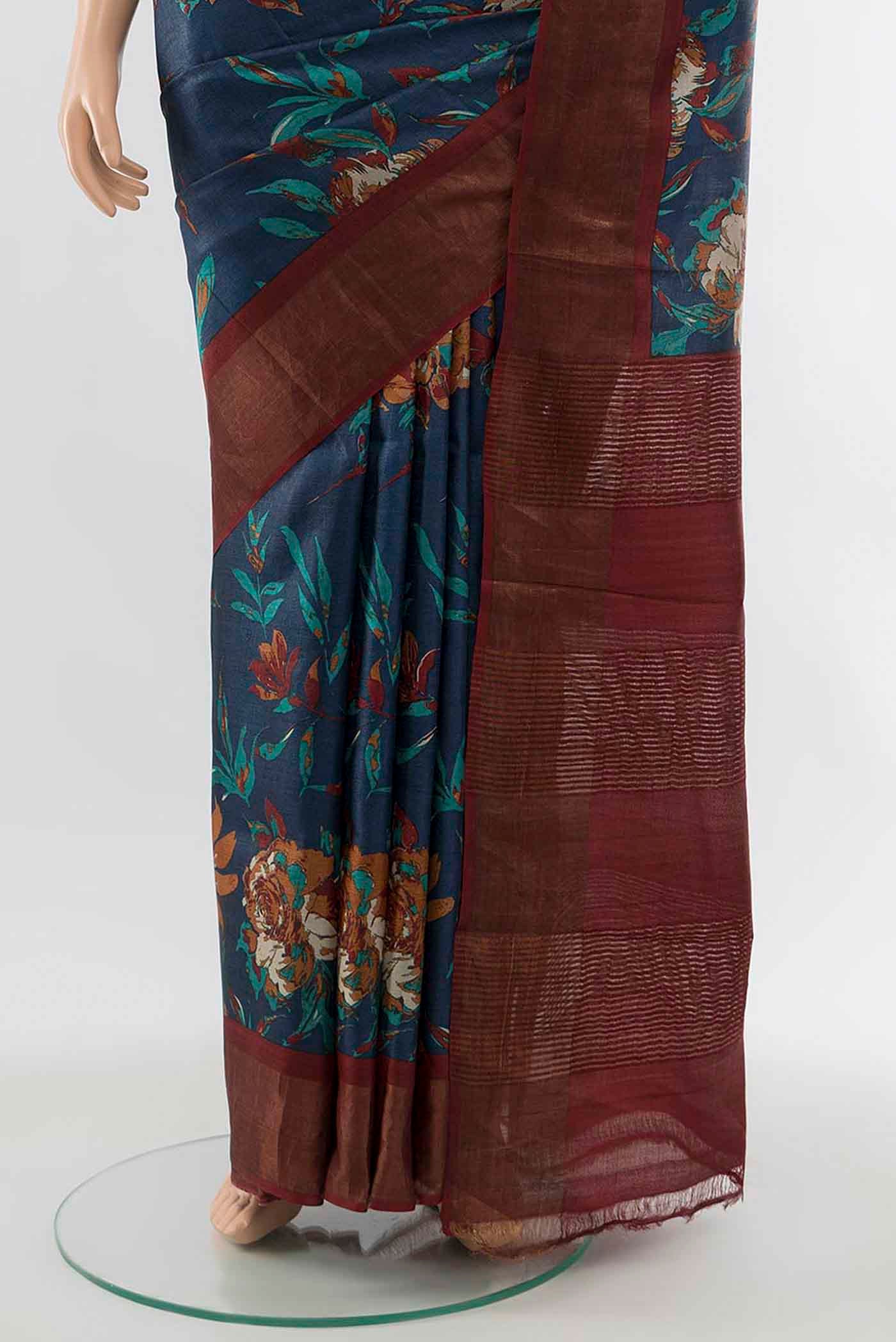 Navy Blue Tussar Silk Saree - Image 3