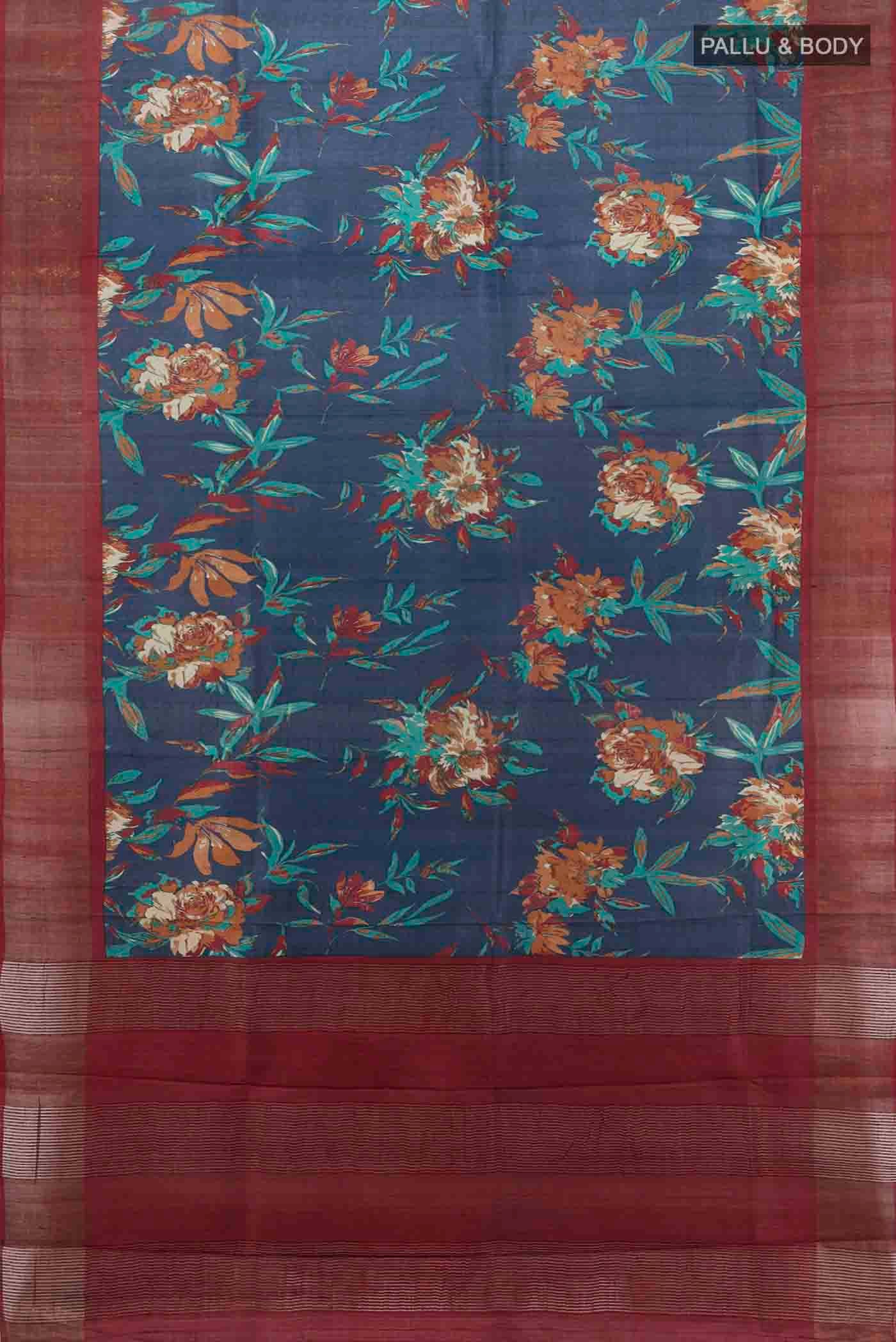 Navy Blue Tussar Silk Saree - Image 5