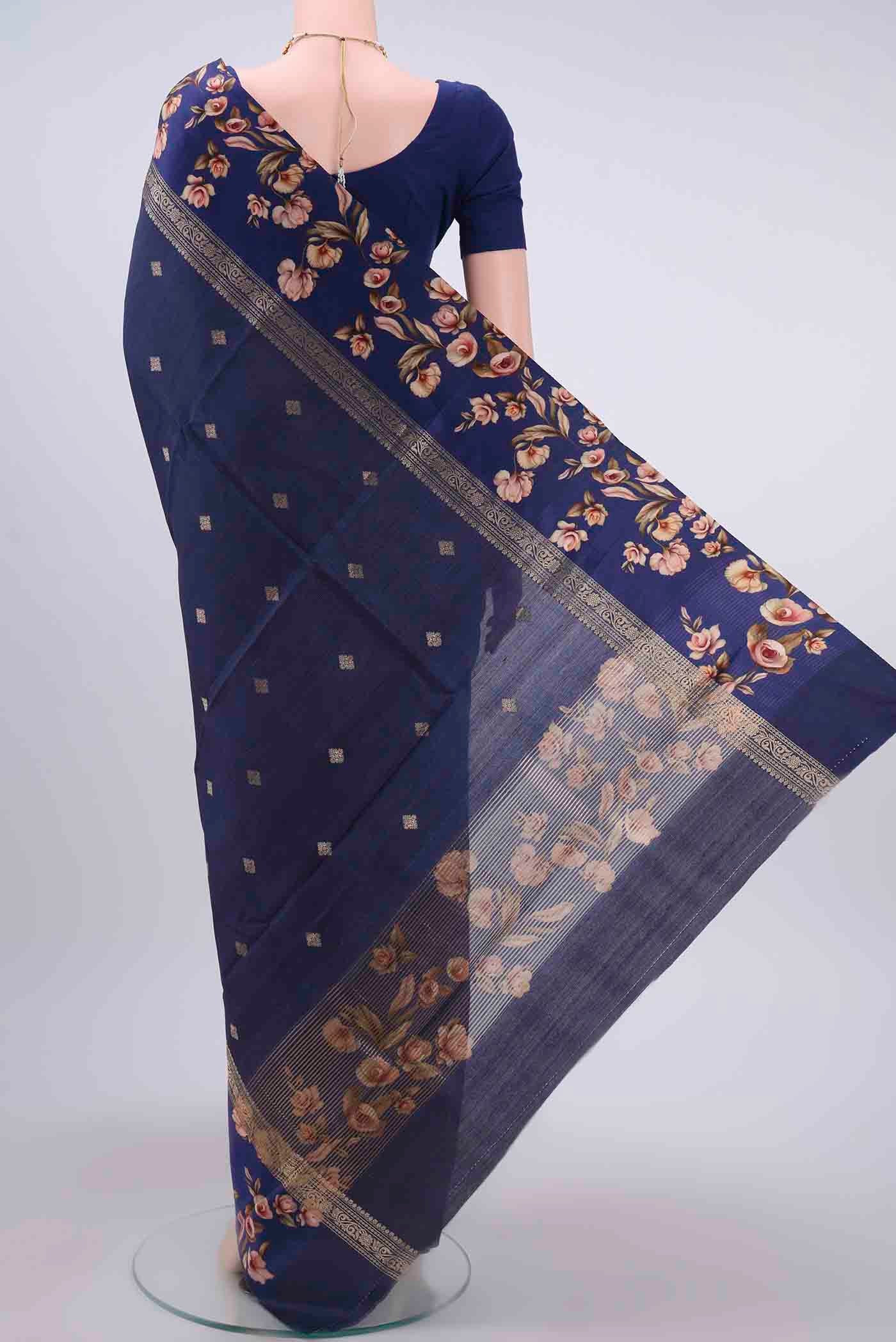 Navy Blue Tussar Silk Saree - Image 3