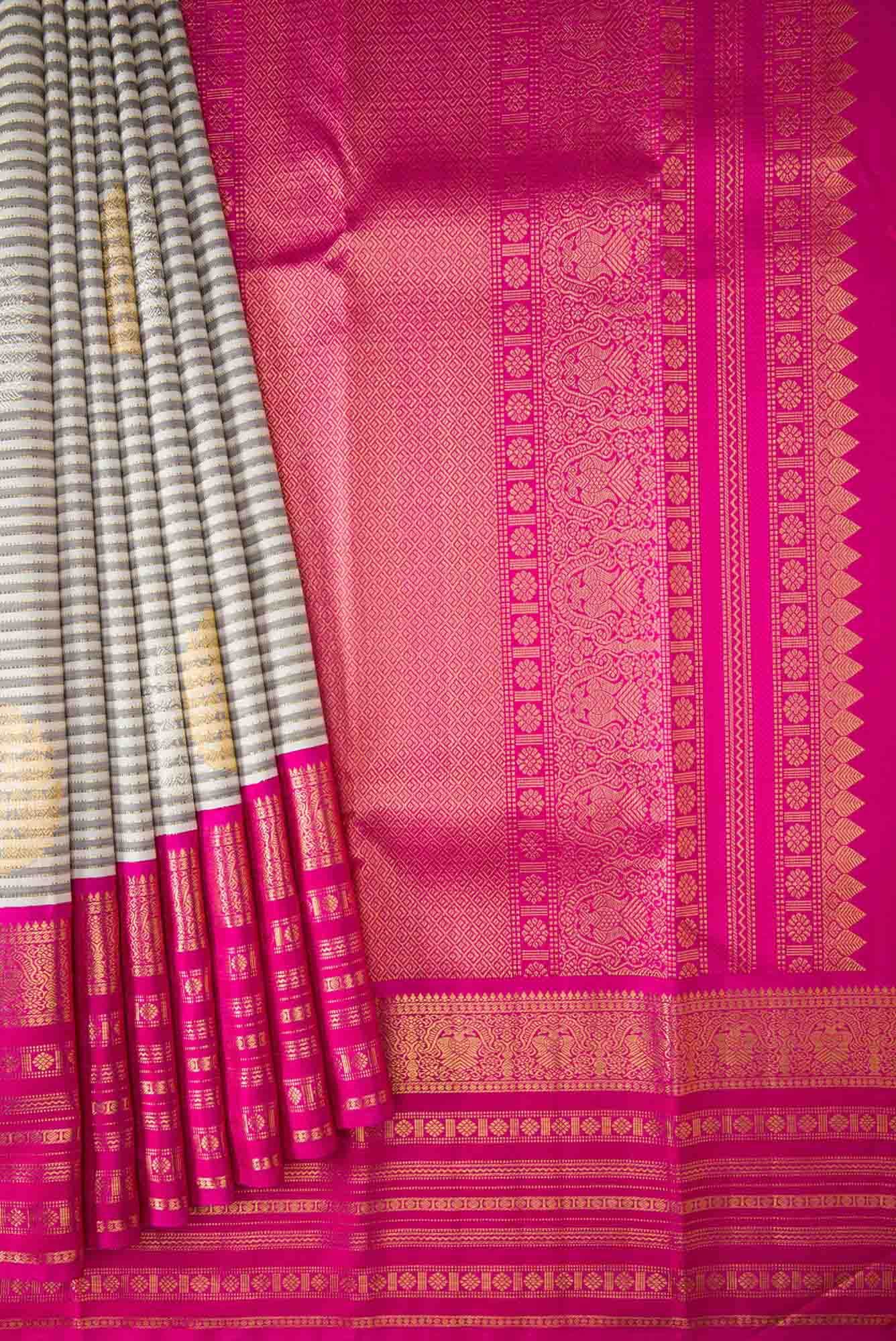 Pure Silk Pure Zari Off White and Grey Dual Tone Kanchipuram Saree - Image 2
