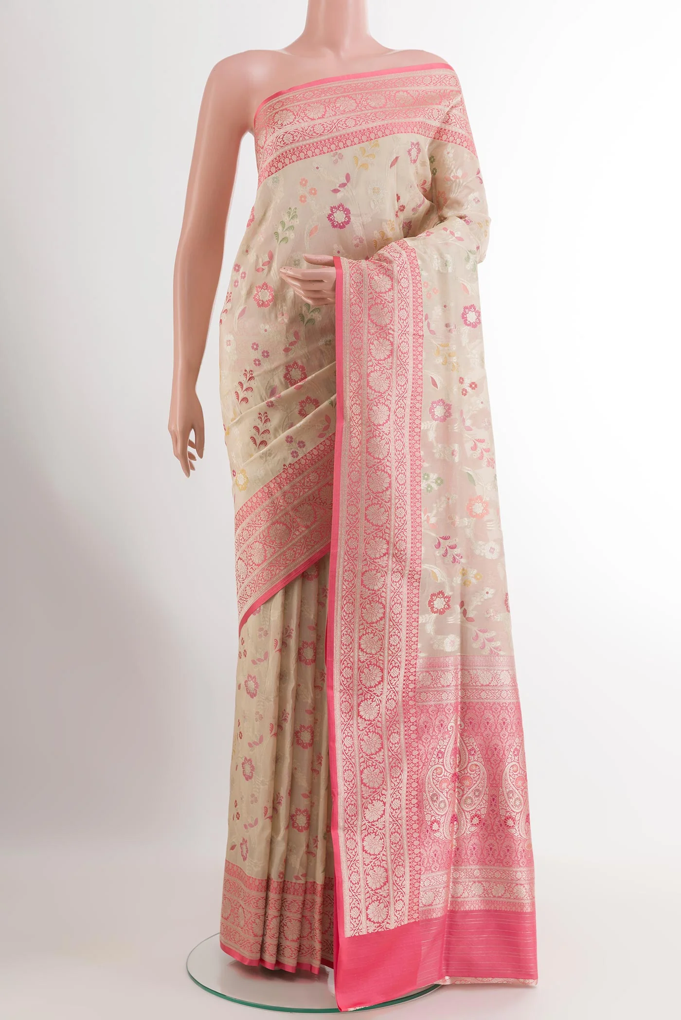 Cream Banarasi Silk Saree