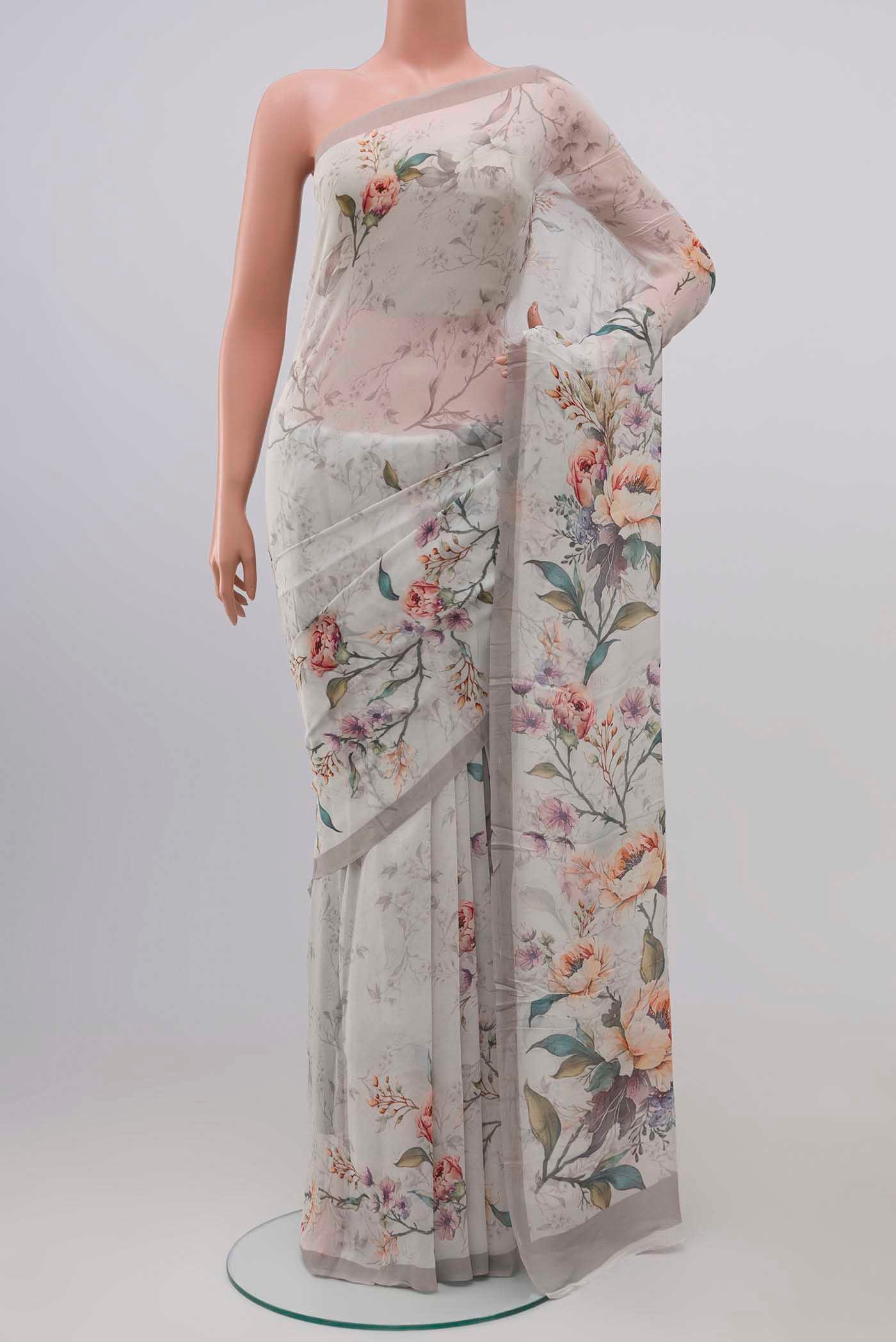 Off White Blended Georgette Saree