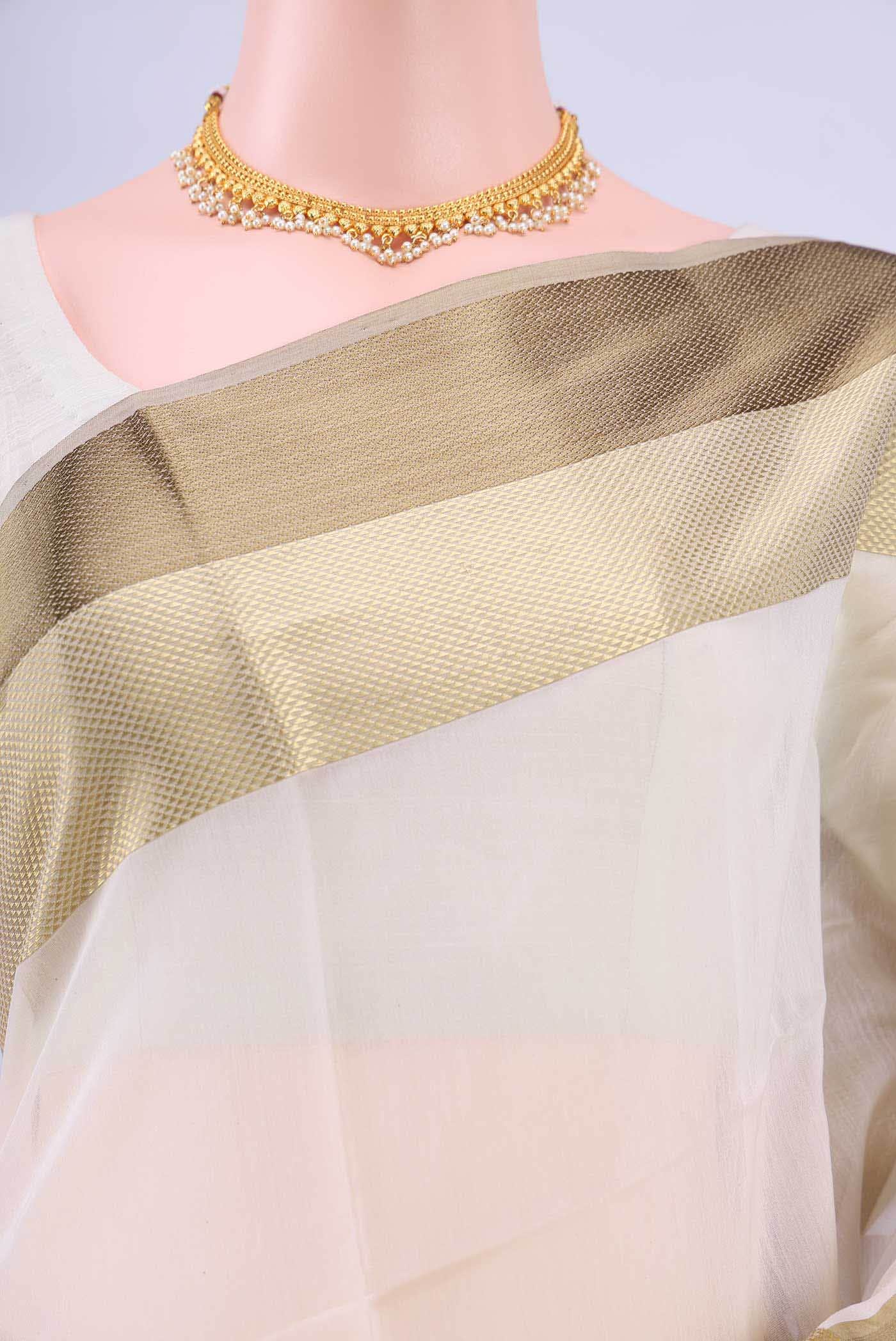 Off White Blended Maheshwari Silk Cotton Saree - Image 3