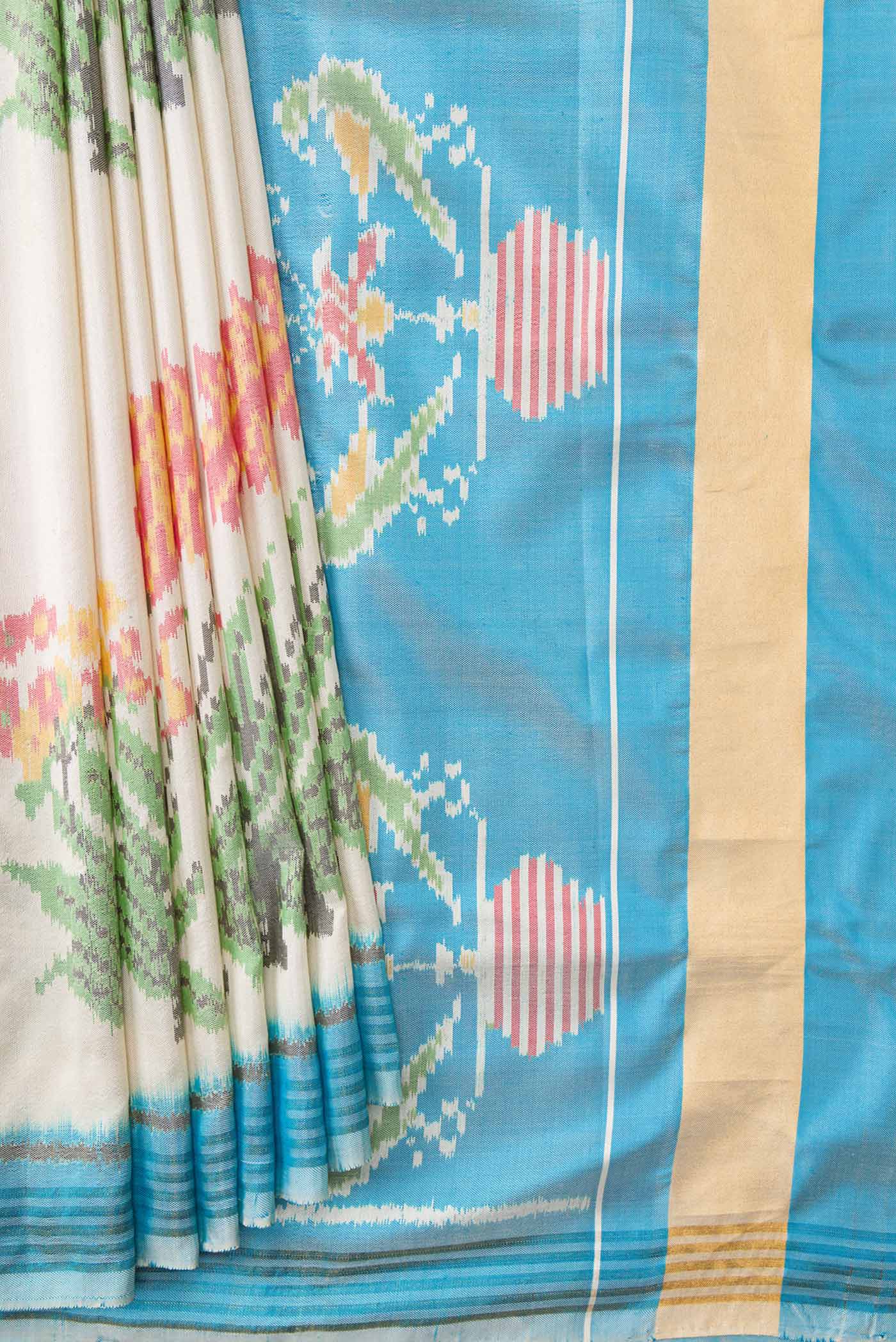 Off White Dual Tone Double Ikat Saree - Image 4