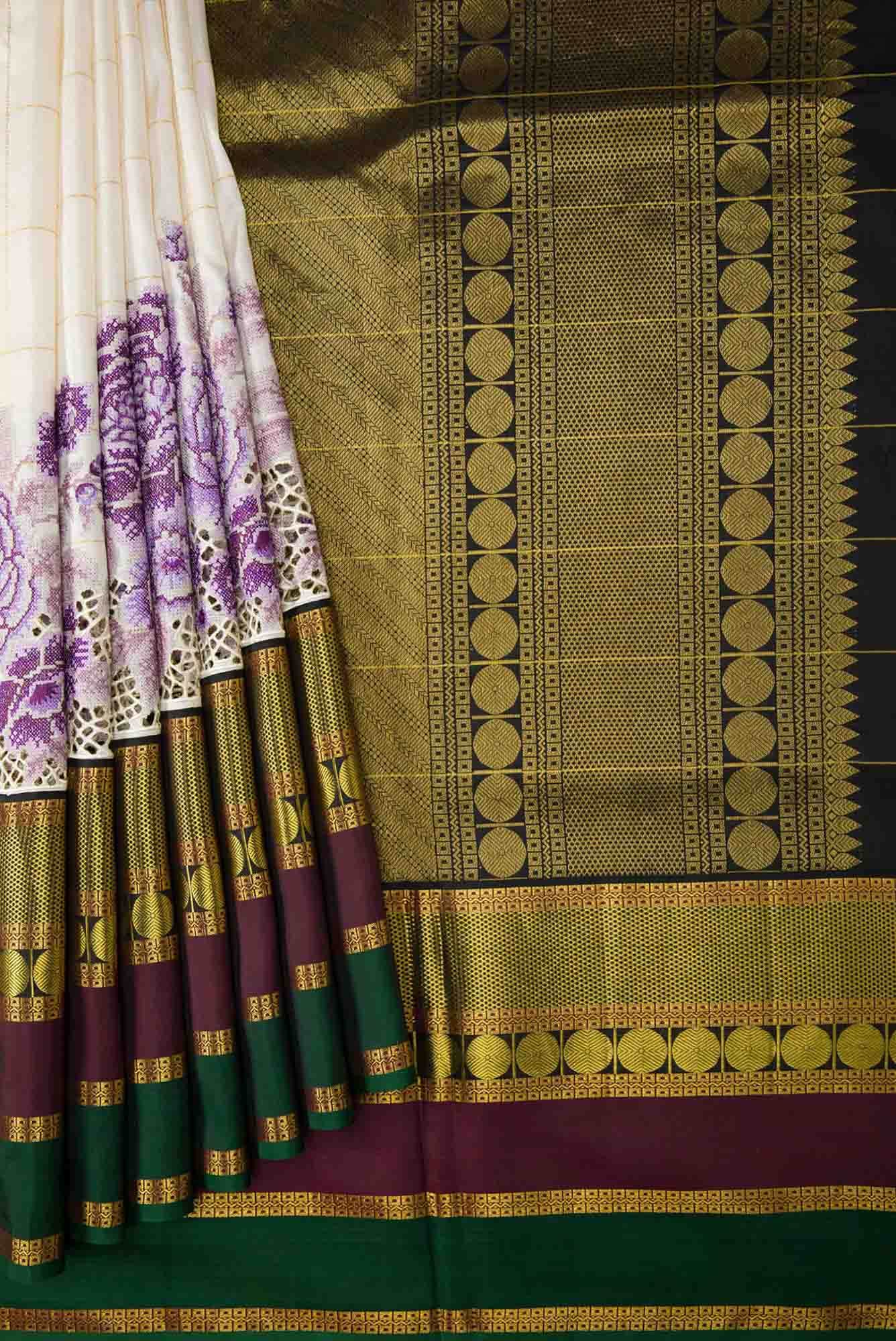 Pure Silk Pure Zari Off White Dual Tone Kanchipuram Saree - Image 2