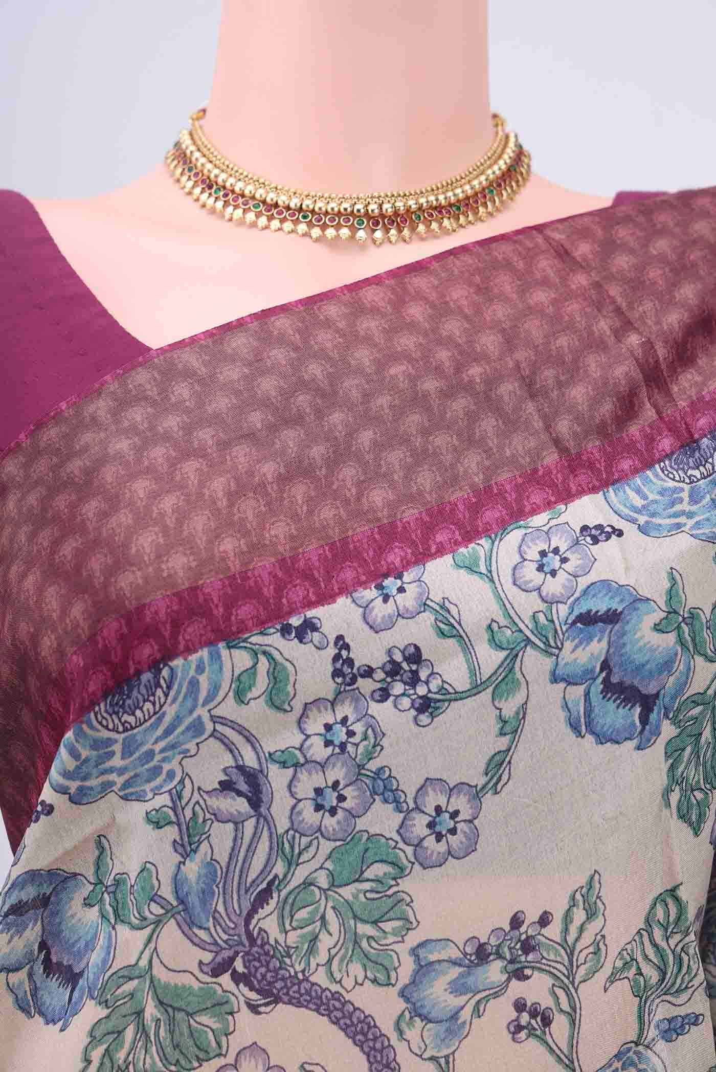 Off White Dual Tone Tussar Silk Saree - Image 2