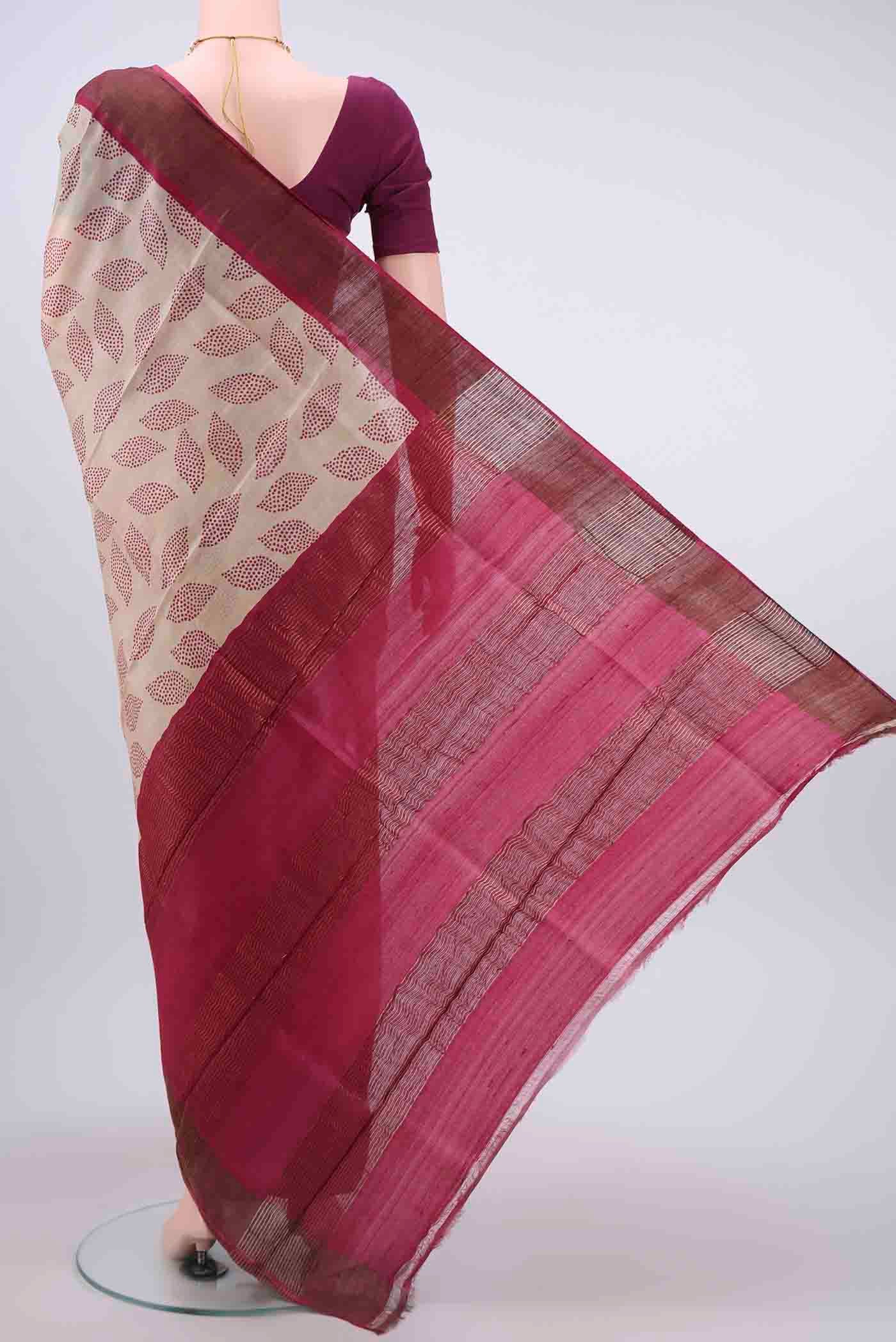 Off White Dual Tone Tussar Silk Saree - Image 3