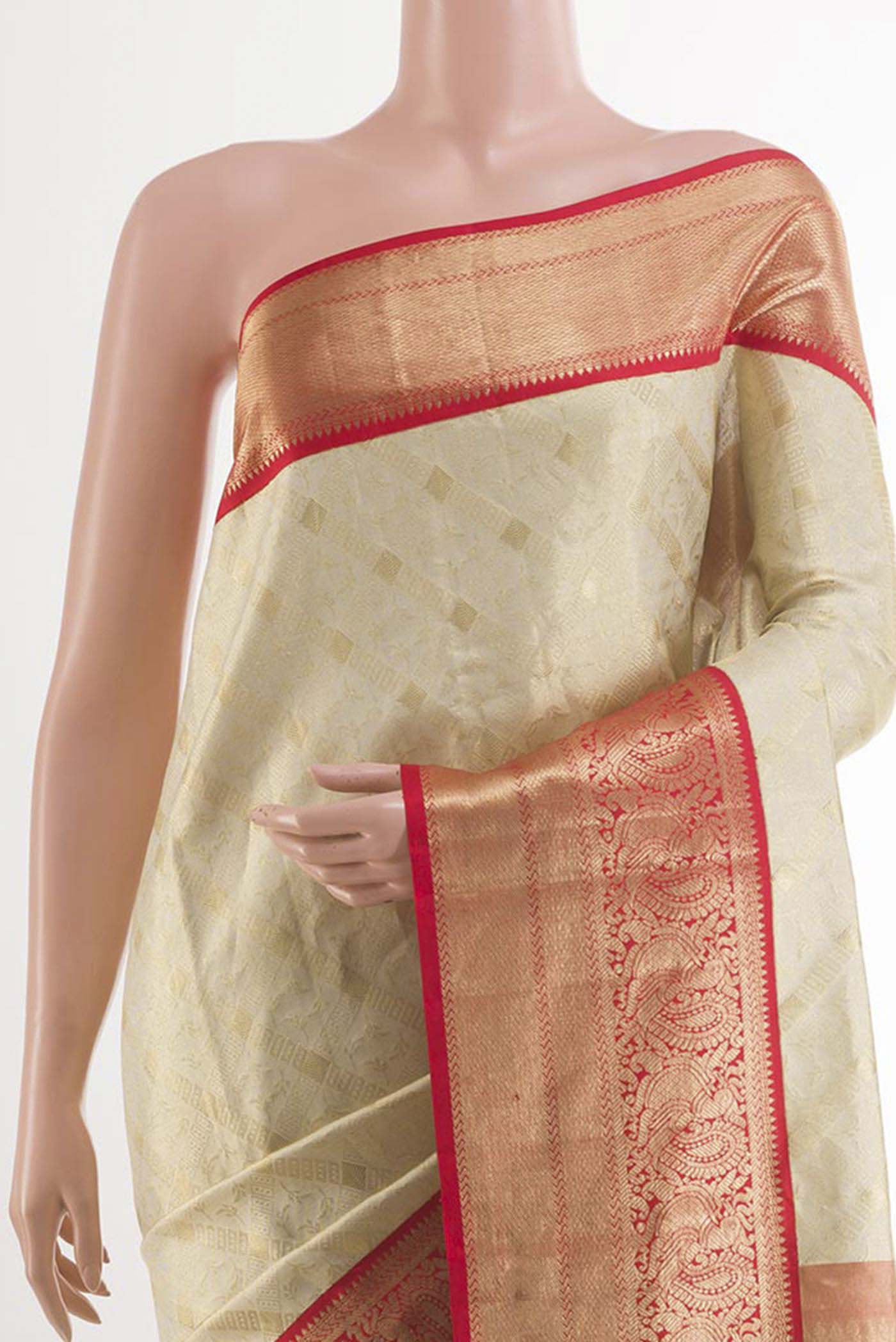 Off White Kanchipuram Silk Saree - Image 2