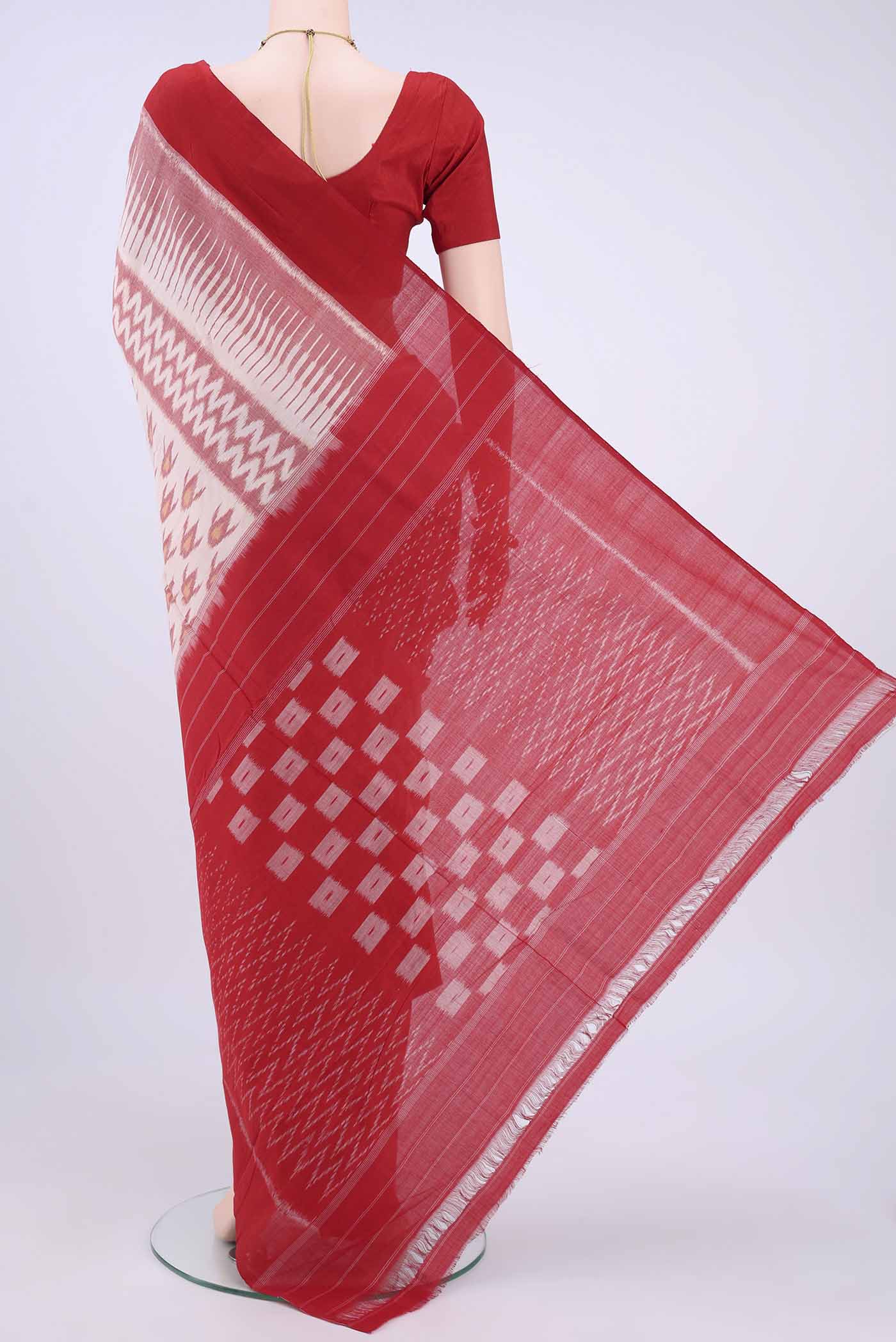 Off White Pochampally Cotton Saree - Image 3