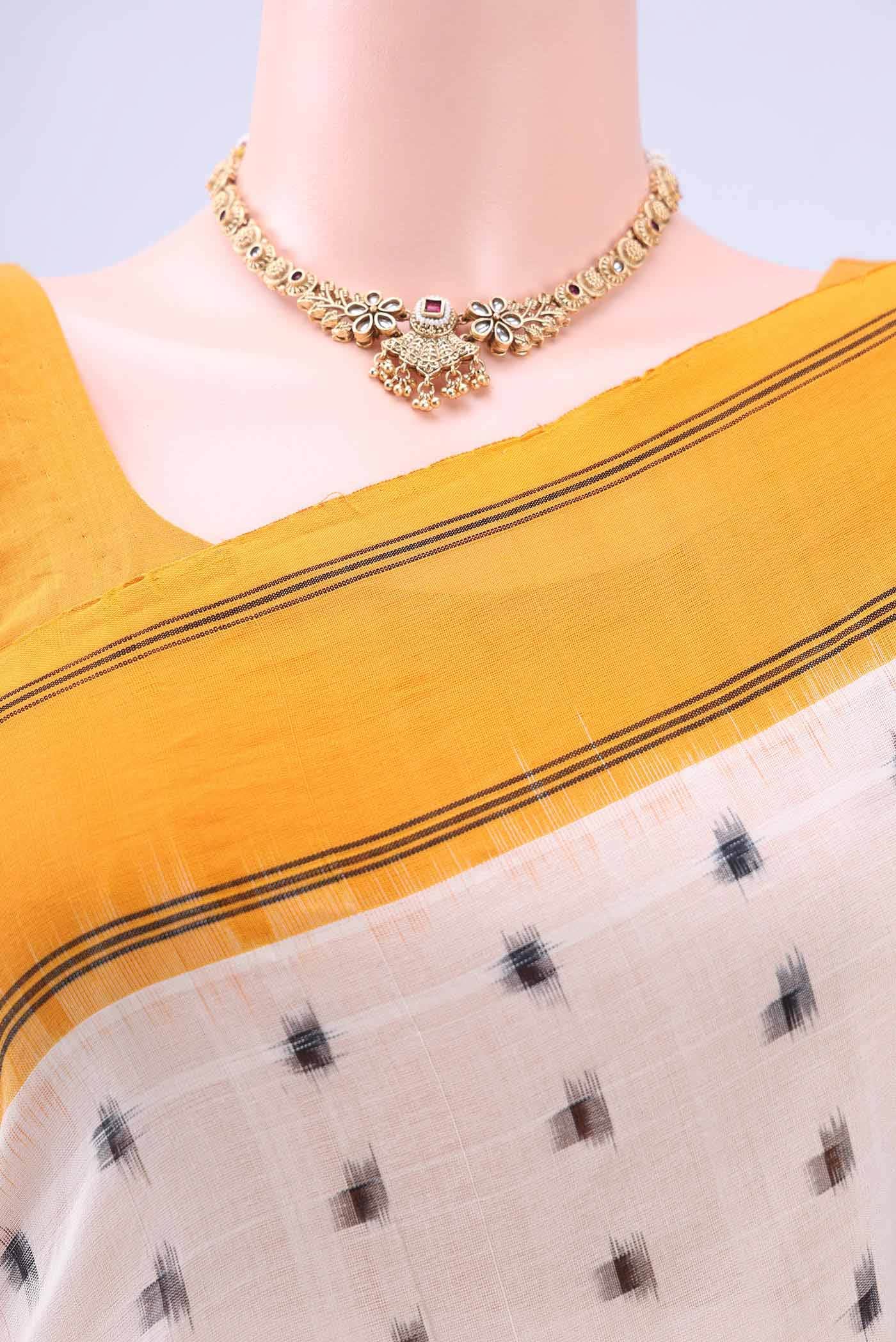 Off White Pochampally Cotton Saree - Image 3