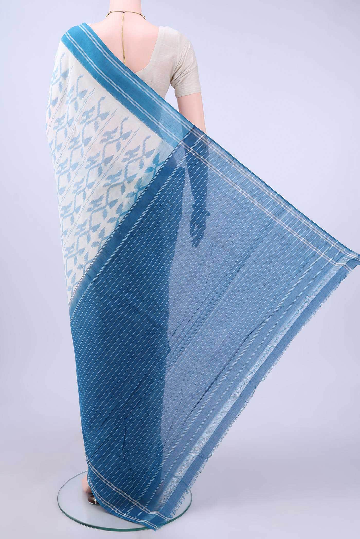 Off White Pochampally Cotton Saree - Image 2