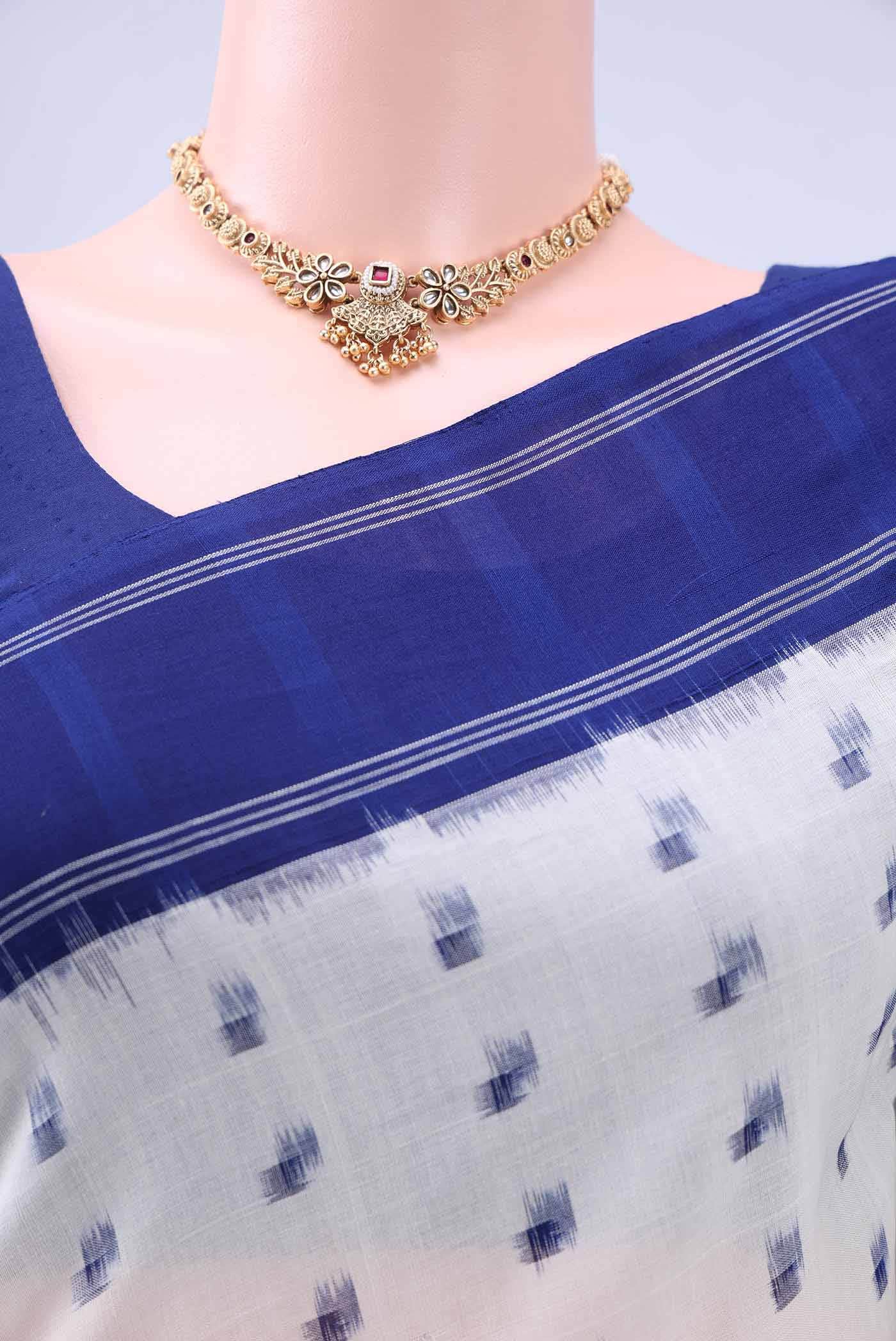 Off White Pochampally Cotton Saree - Image 3