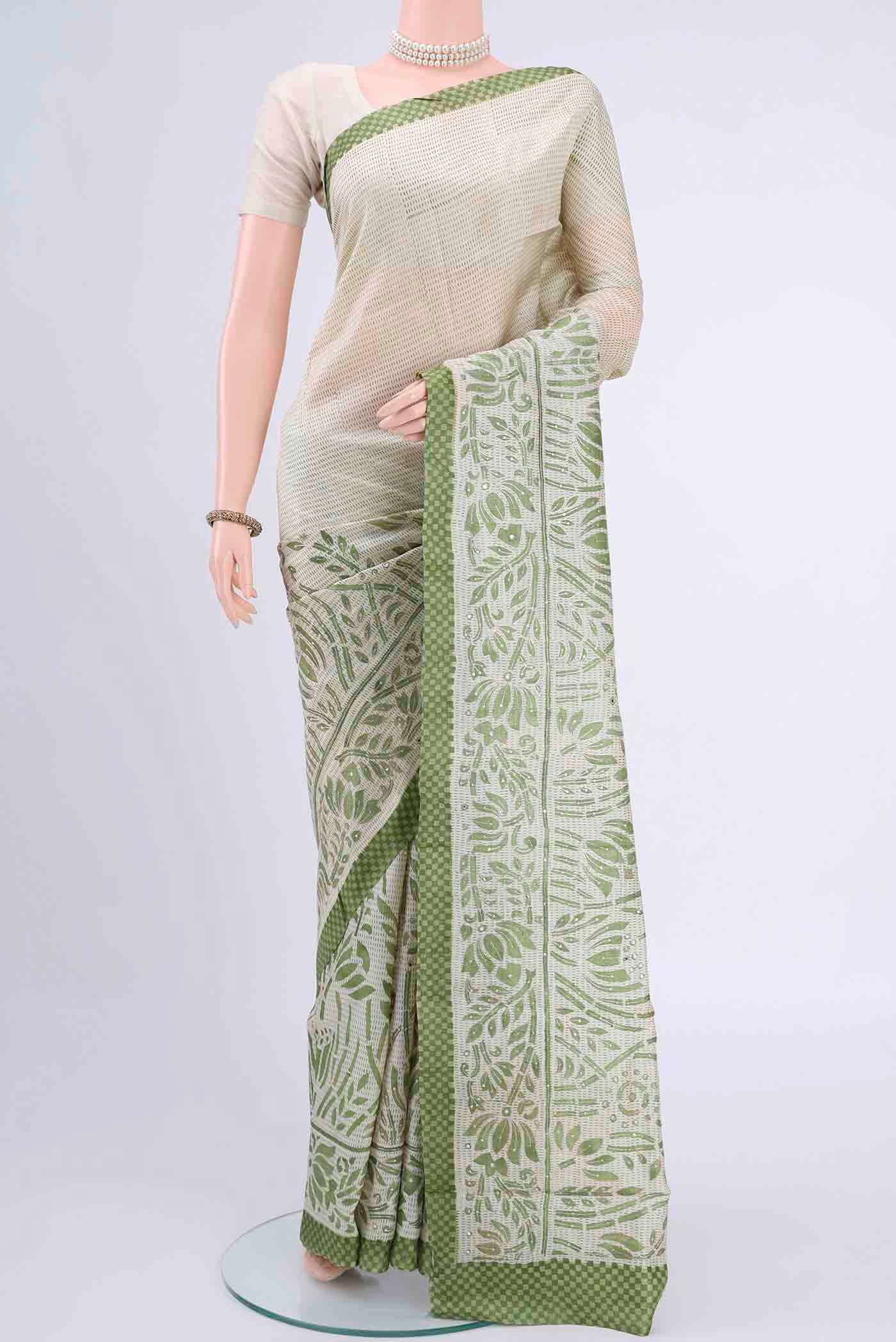 Off White Printed Silk Saree