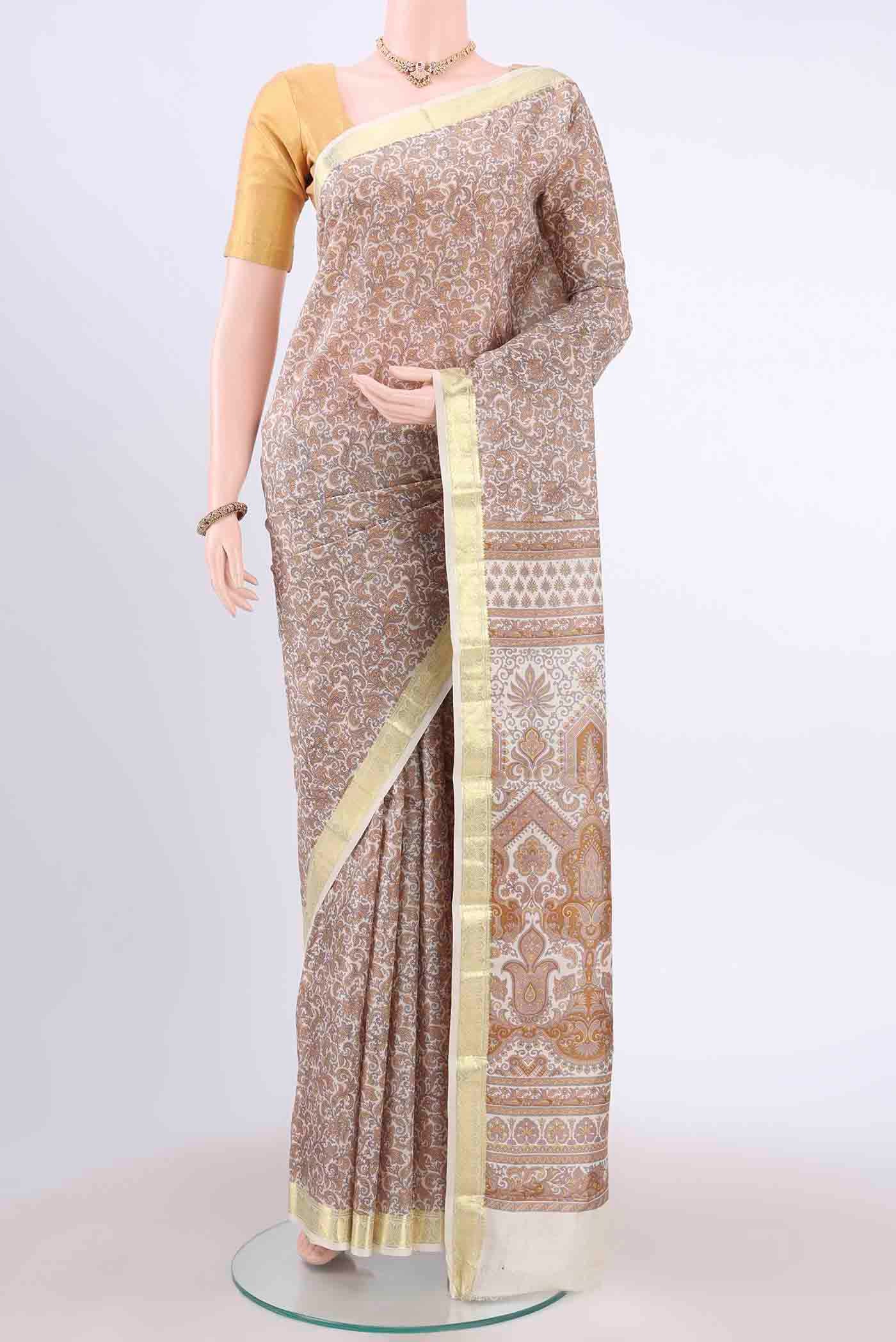 Off White Printed Silk Saree