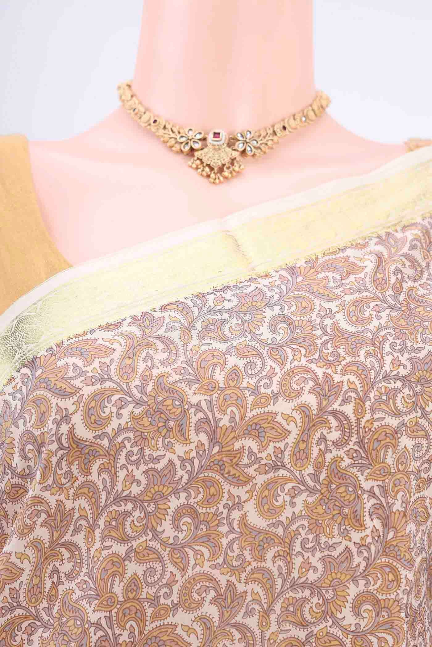 Off White Printed Silk Saree - Image 2