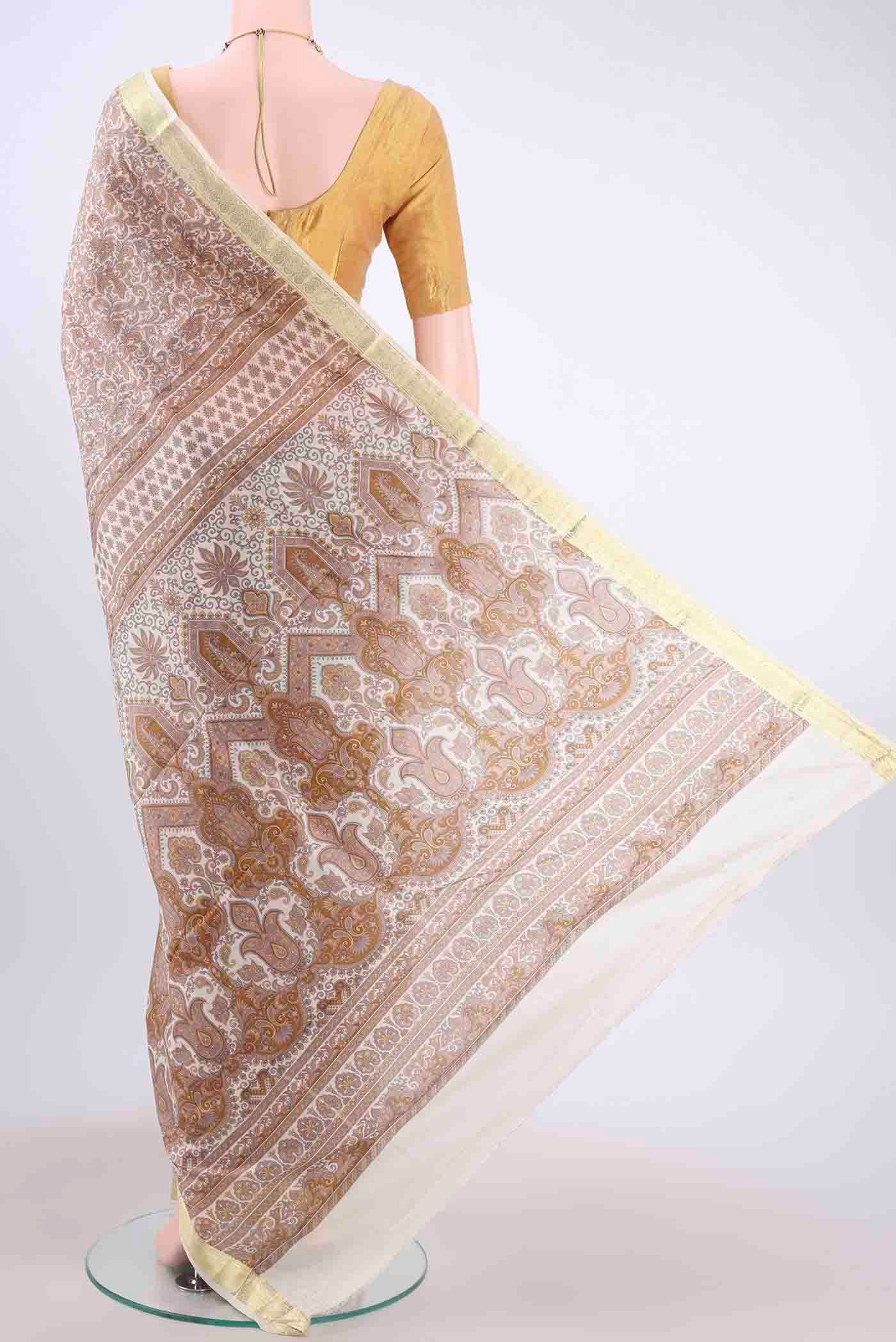 Off White Printed Silk Saree - Image 3