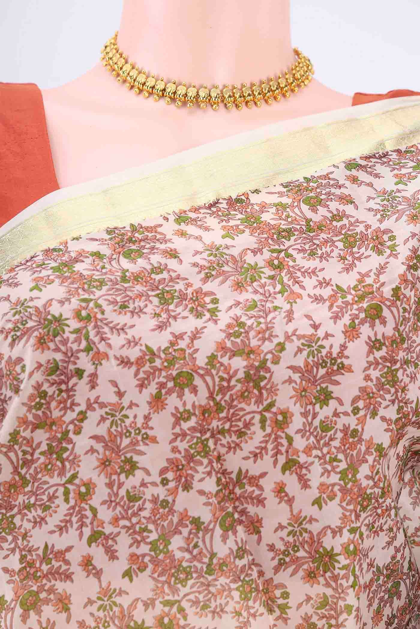 Off White Printed Silk Saree - Image 2