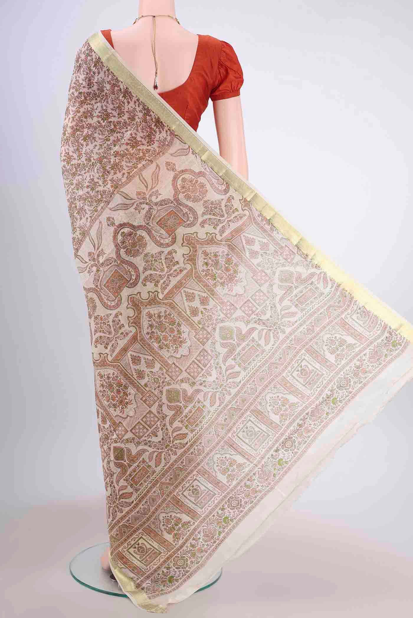 Off White Printed Silk Saree - Image 3