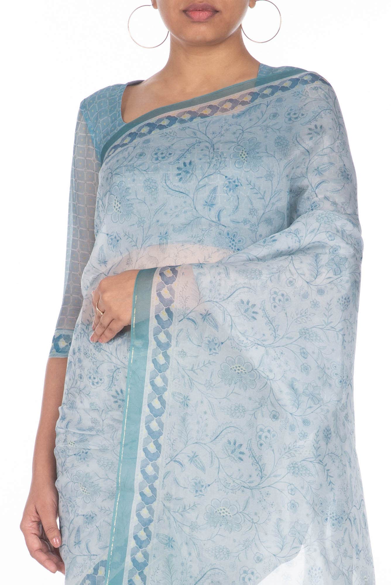 Guldasta Light Blue floral design saree from Chintz Collection, Designed by Nalli - Image 2