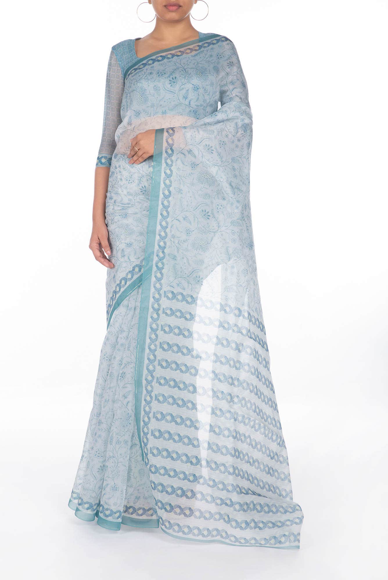 Guldasta Light Blue floral design saree from Chintz Collection, Designed by Nalli - Image 3