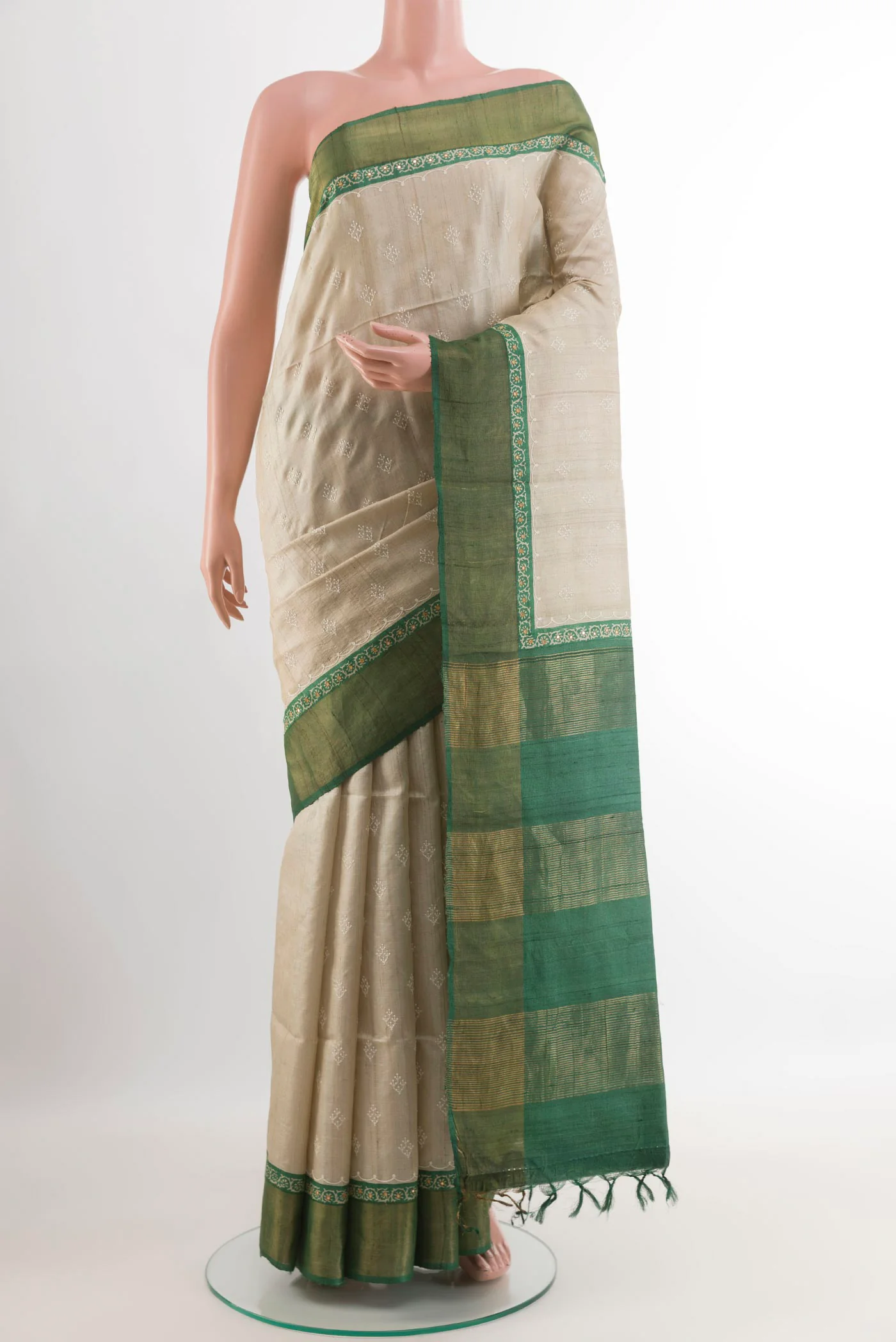 Cream Tussar Silk Saree