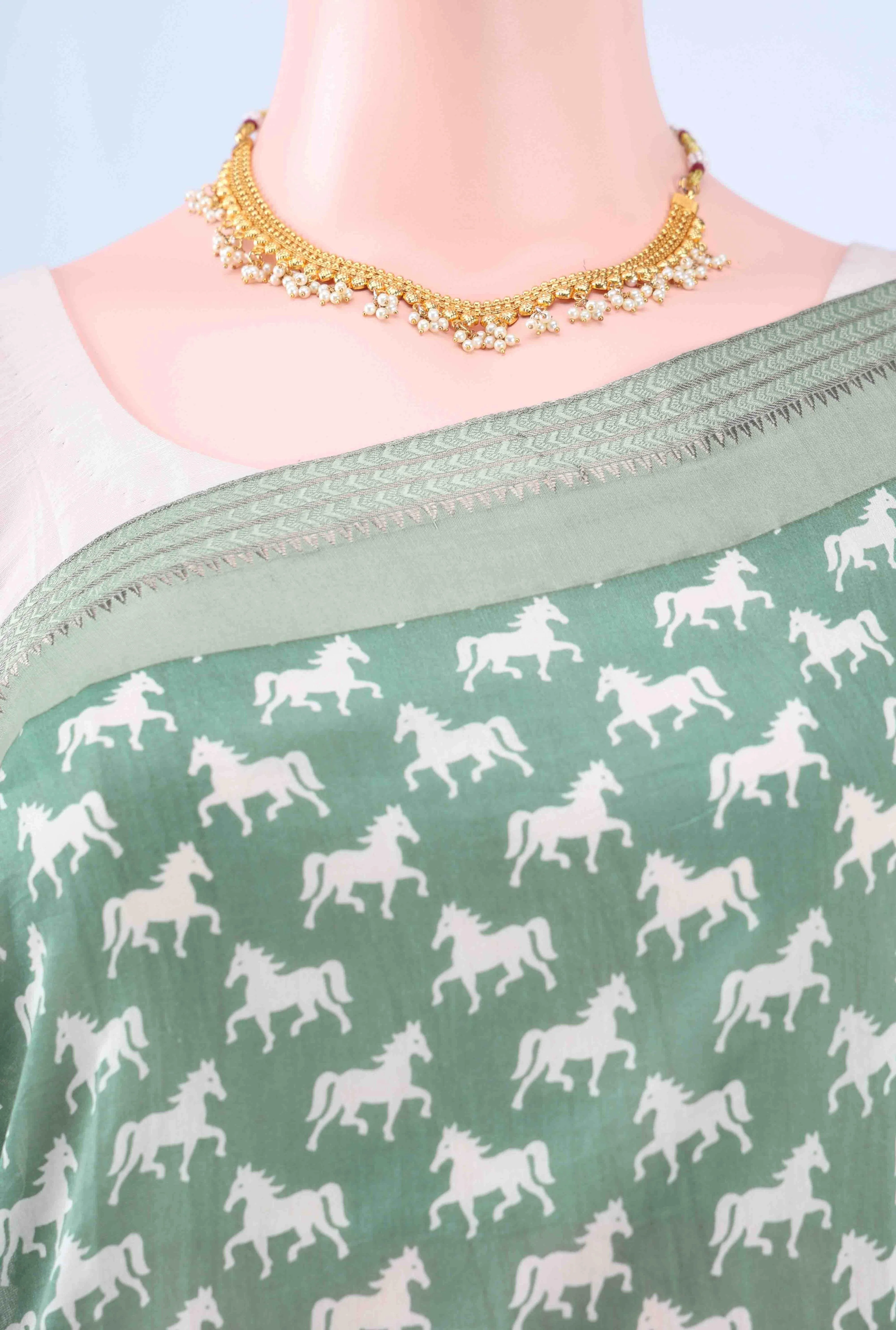 Olive Green Bengal Cotton - Tangail Saree - Image 3