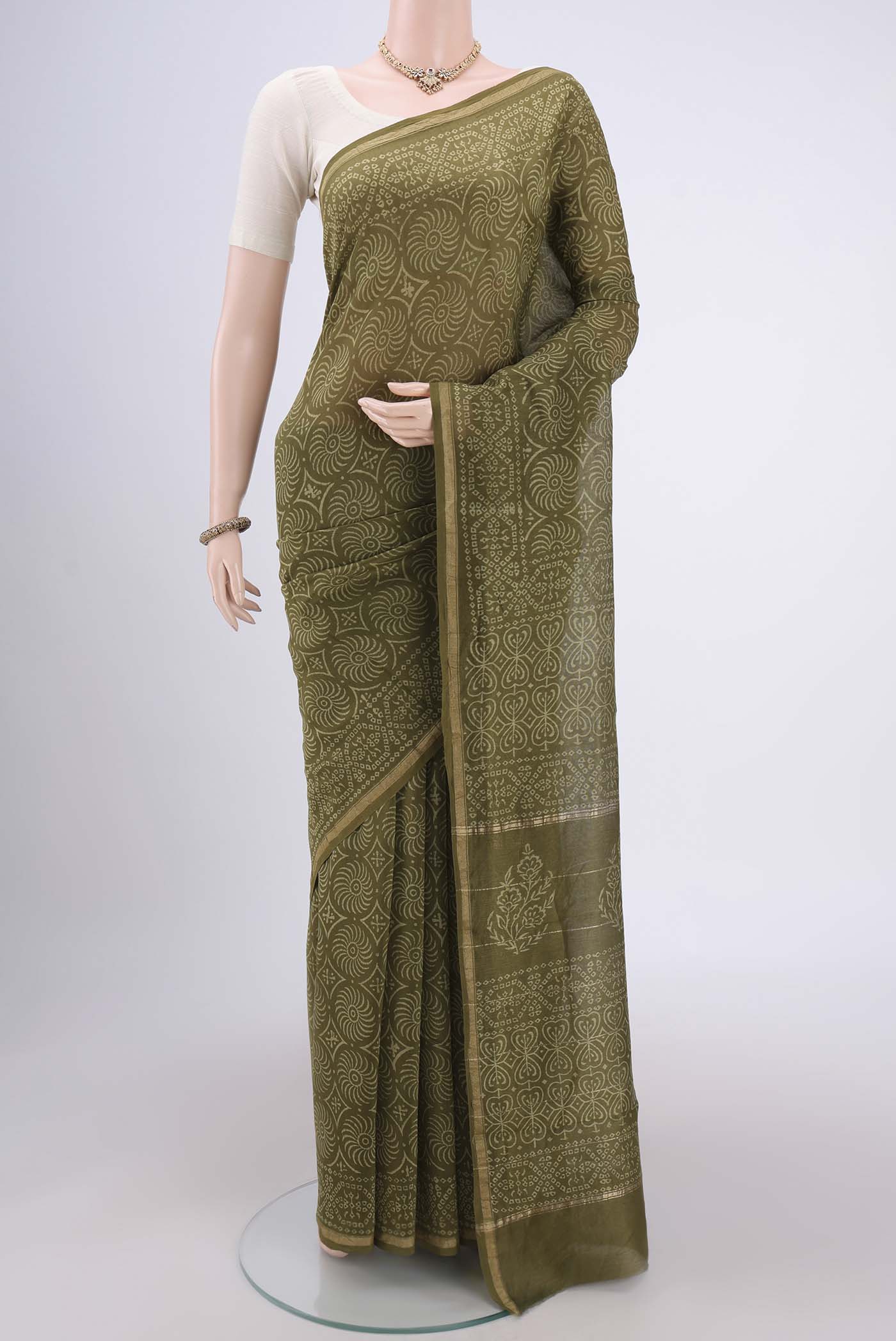 Olive Green Chanderi Silk Cotton Saree