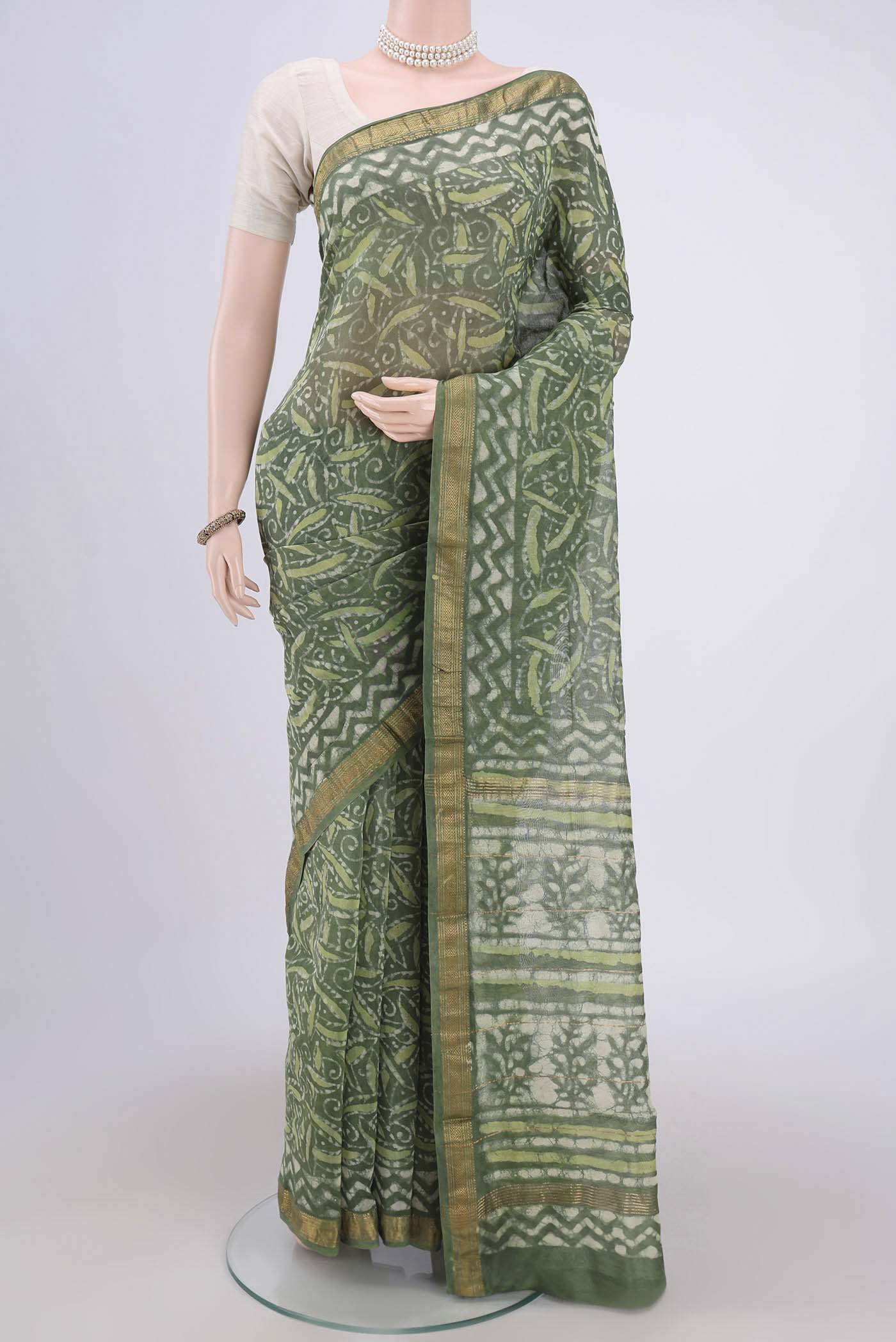 Olive Green Maheshwari Silk Cotton Saree