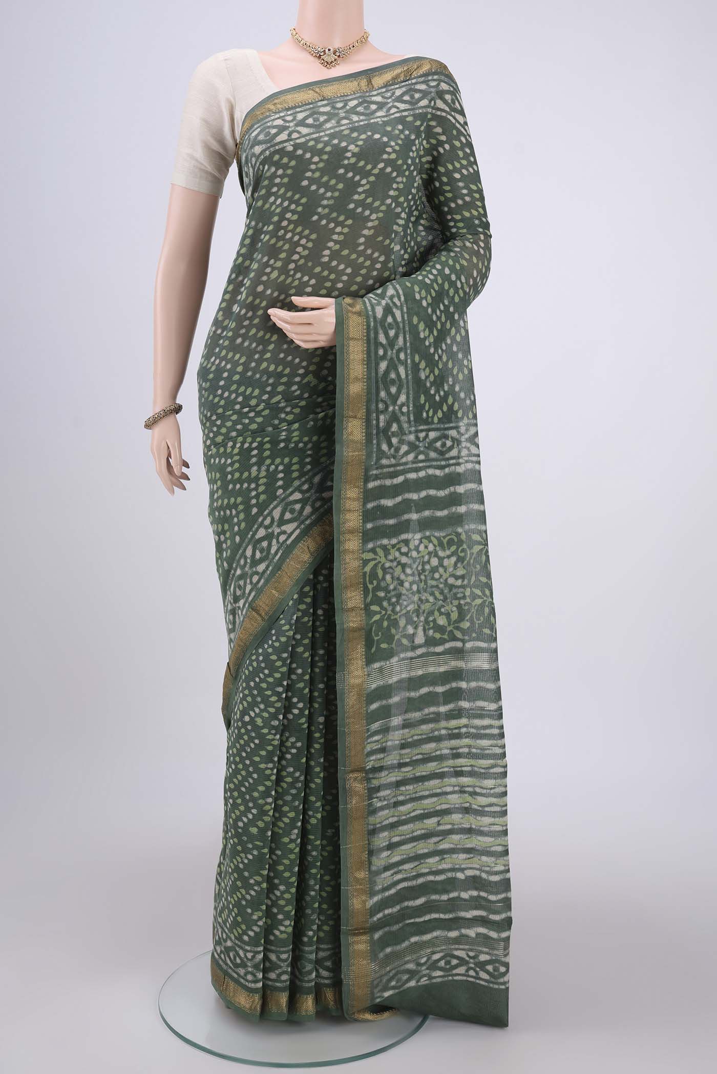 Olive Green Maheshwari Silk Cotton Saree