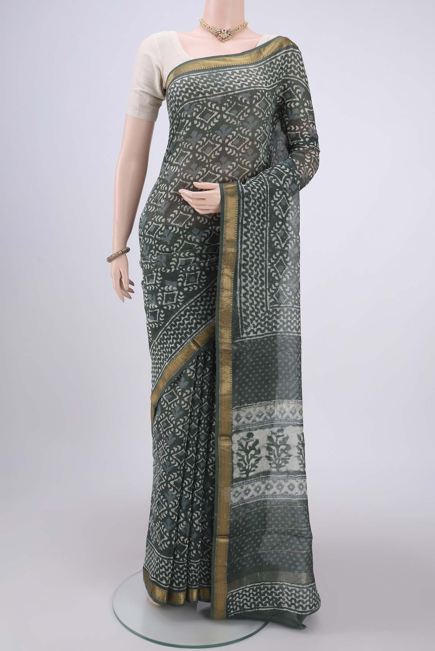 Olive Green Maheshwari Silk Cotton Saree