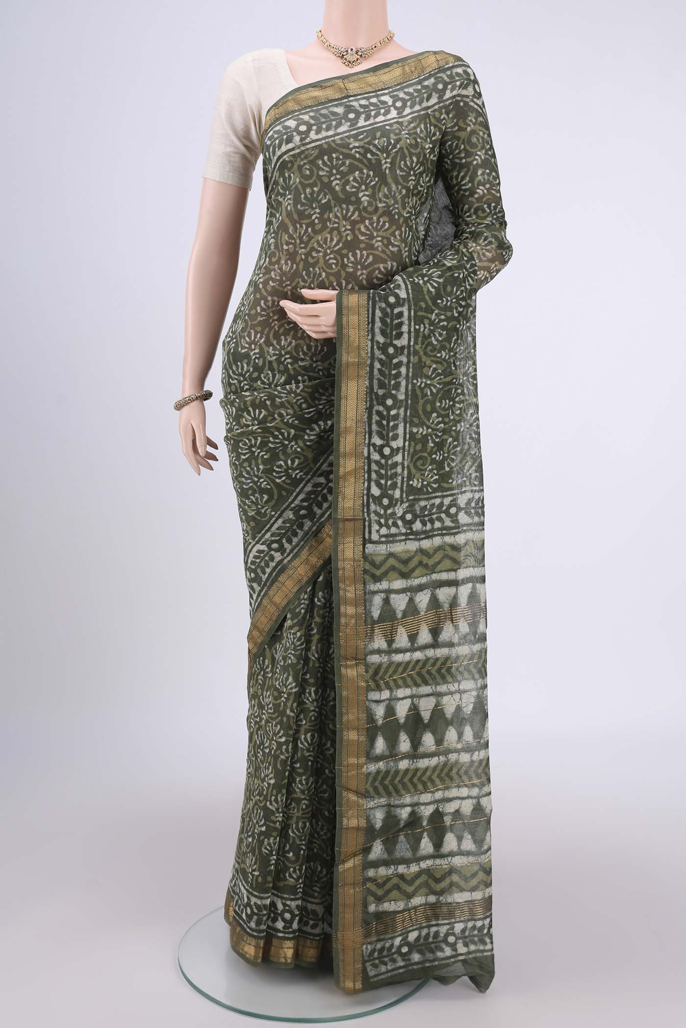 Olive Green Maheshwari Silk Cotton Saree