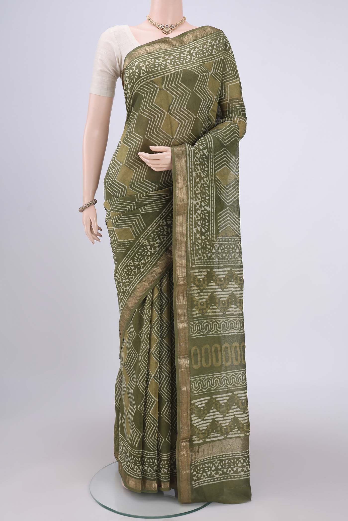 Olive Green Maheshwari Silk Cotton Saree