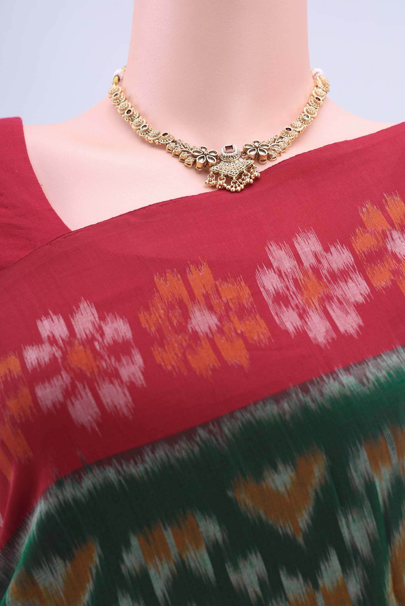 Olive Green Pochampally Cotton Saree - Image 3