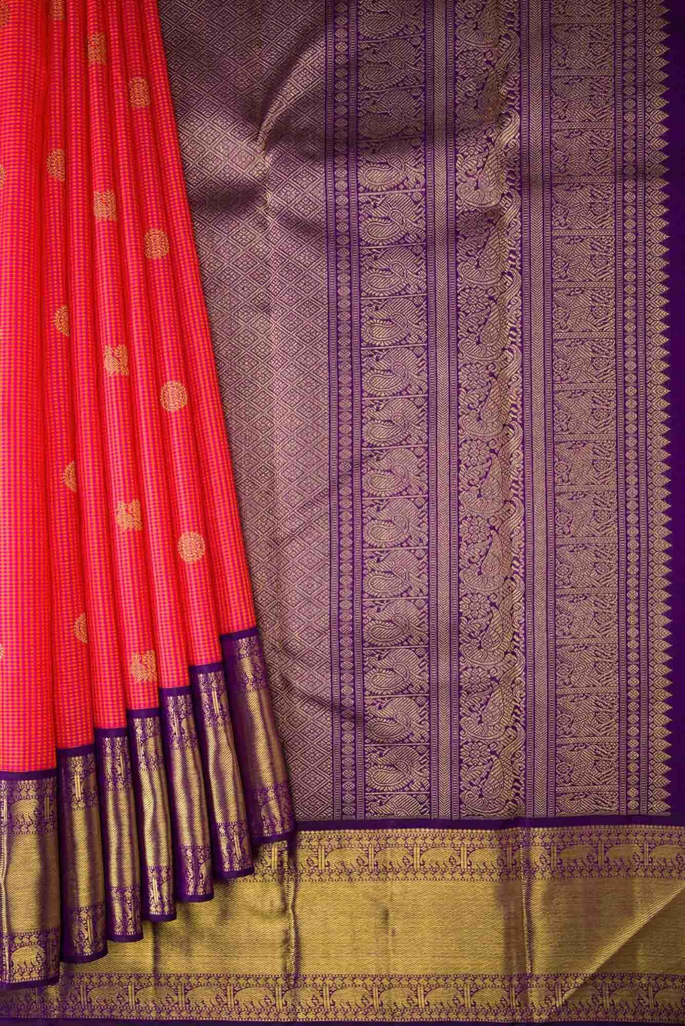 Pure Silk Pure Zari Orange and Pink Dual Tone Kanchipuram Saree - Image 2